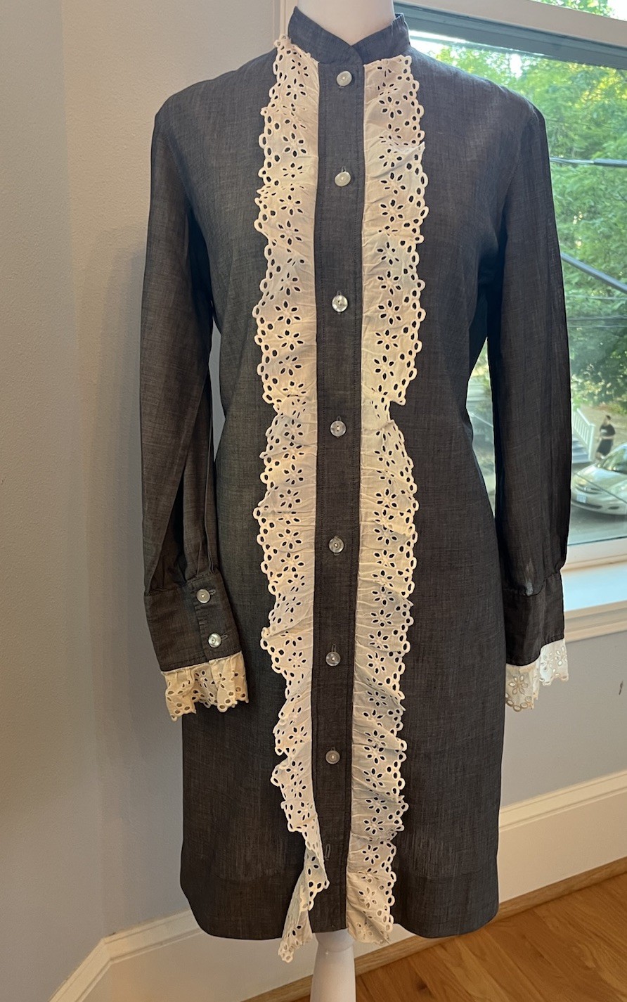 Vintage Shirt Dress Dandy Lace Ruffle Tuxedo Eyelet 60’s Chic S 4 Gray White