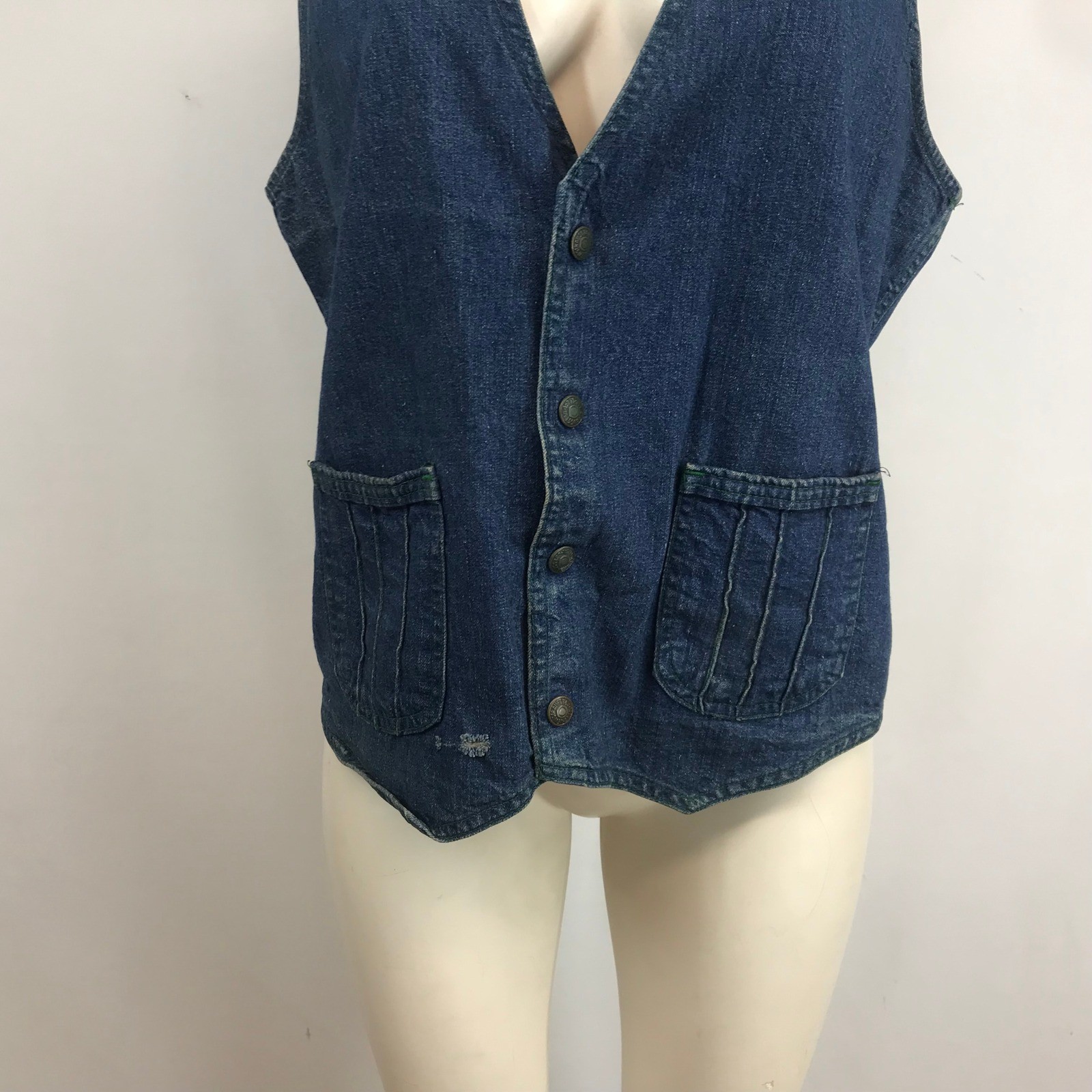 Vintage LEVI STRAUSS Dark Wash Denim Vest Green StitchButton Front Western Blue