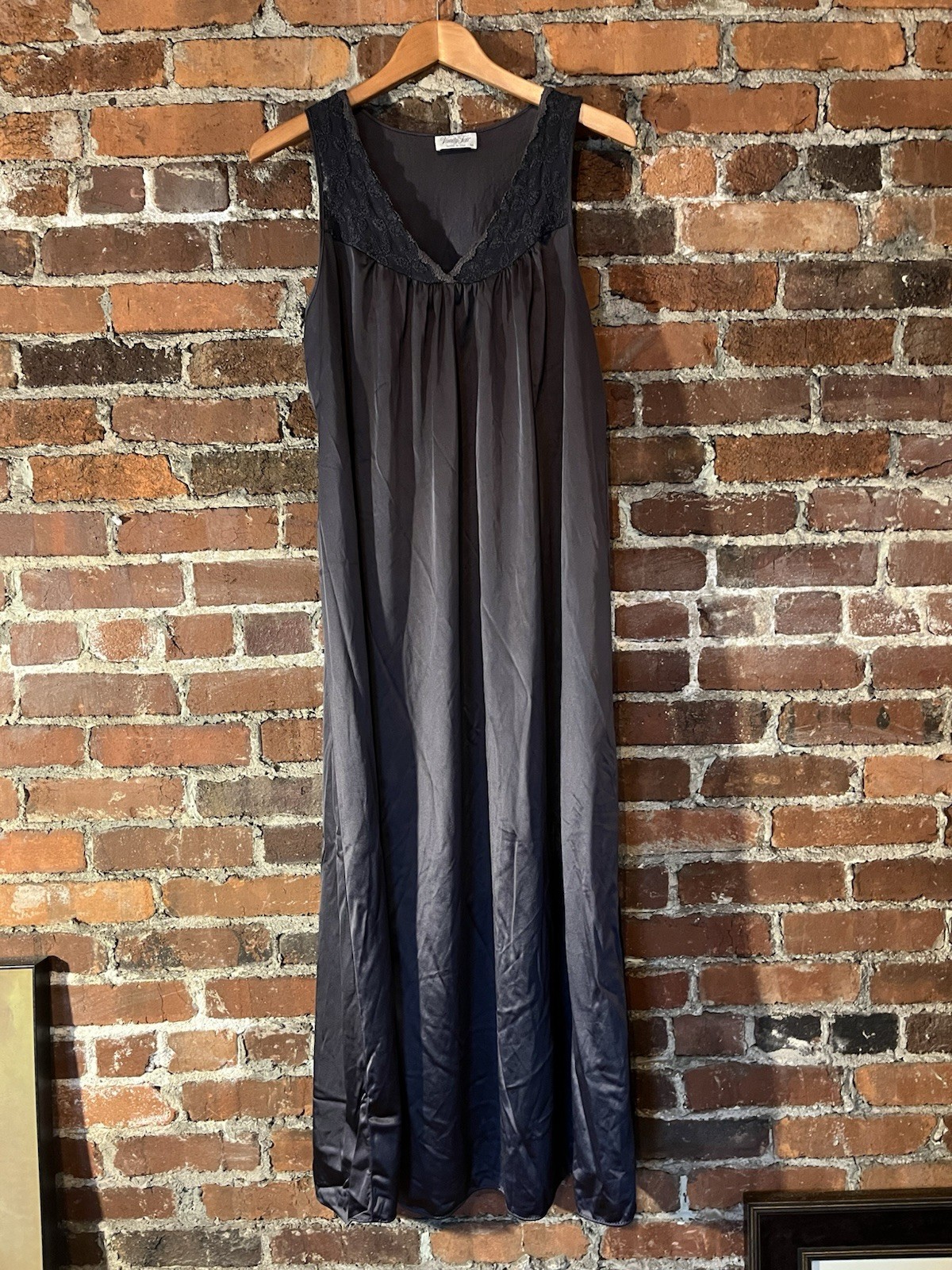 Vtg Vanity Fair Silky Nightgown Lace Nylon Long Maxi Sleeveless Slate Gray M