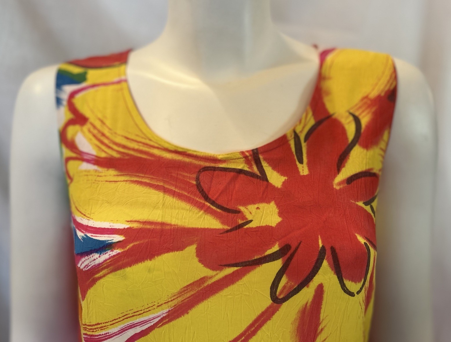 VTG Jams World Floral Splash Crinkle Beach Hawaiian Sleeveless Mini Dress SZ S