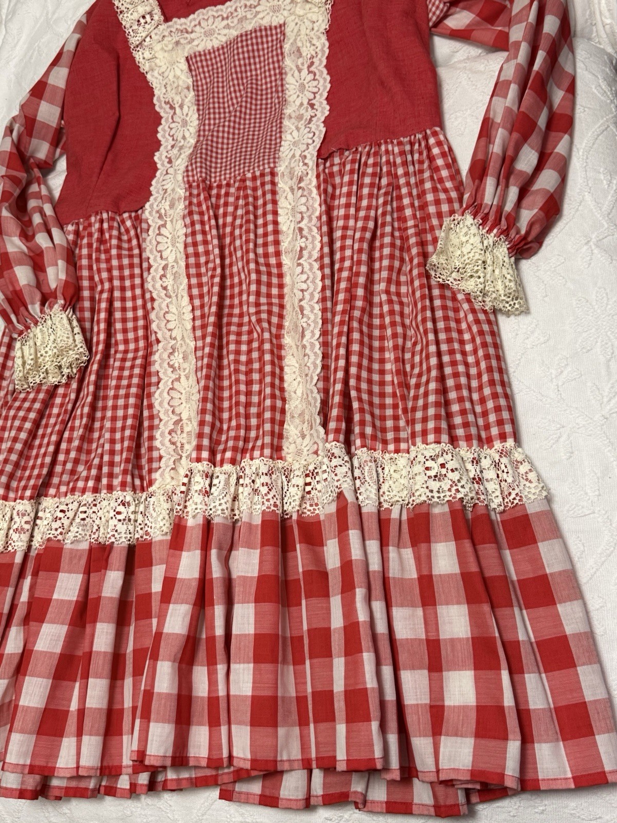 Vtg 70s Handmade Prairie Dress Red Gingham Lace Bib Farmhouse XL Storybook Style