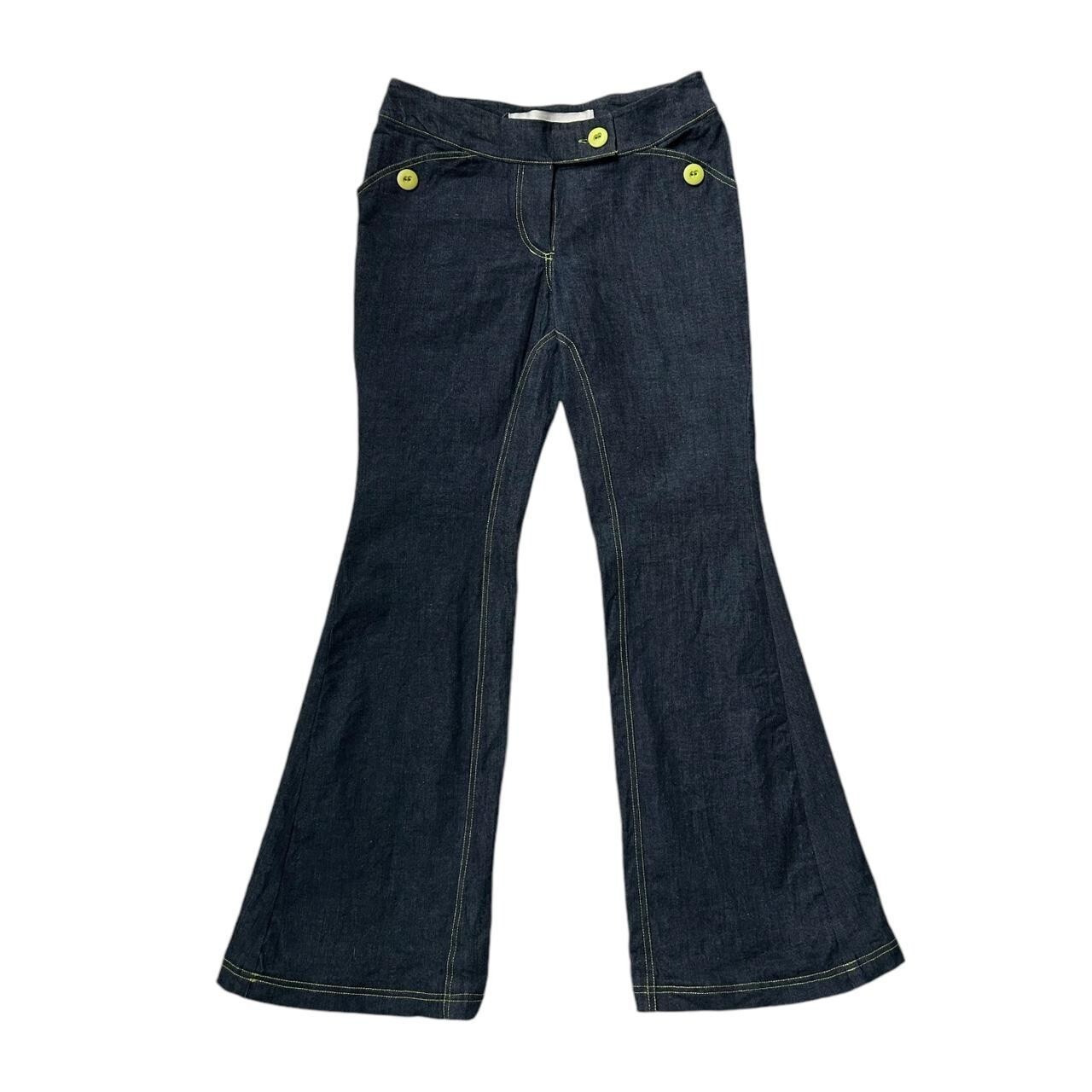 90s Y2K Vintage Low Rise Flare Raver Jeans Theory of Forms Club Kid Dark Wash.