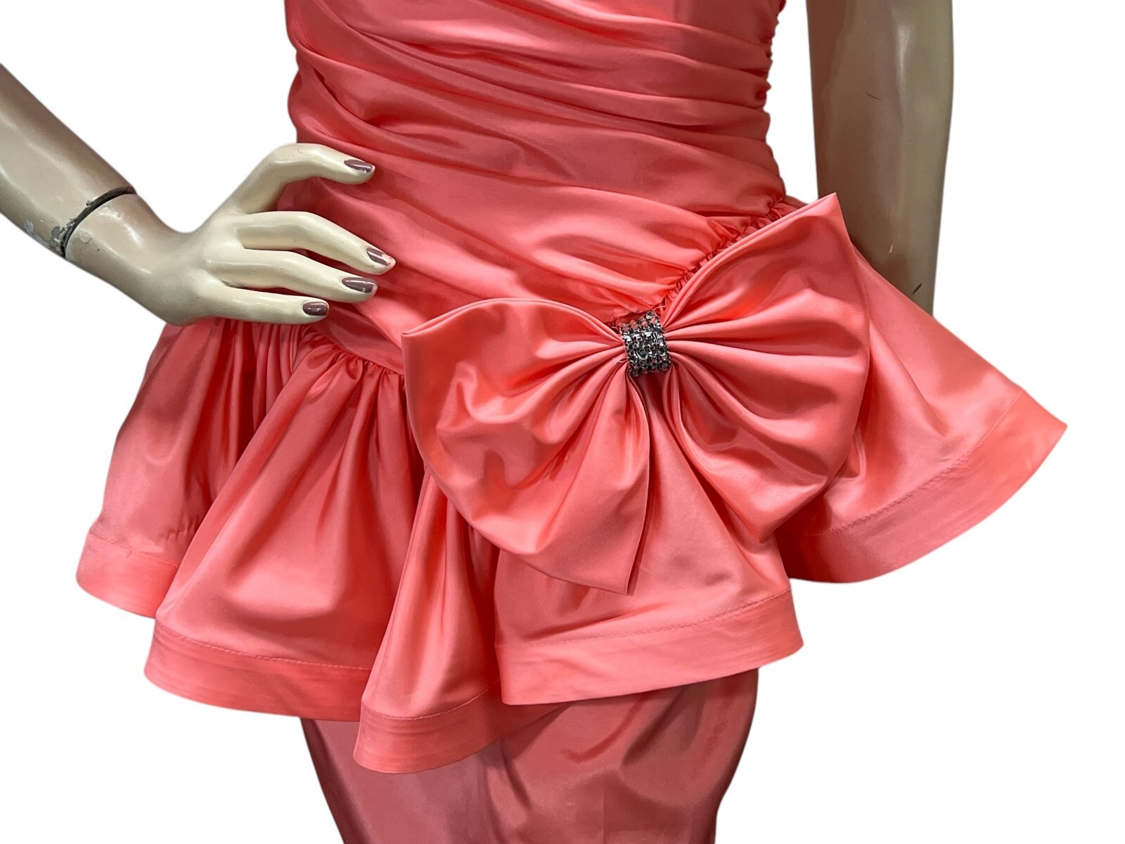 Vtg 80s Sz 4 Coral Party/Prom Mini Dress Karen Lucas Niki USA Big Bow Peplum