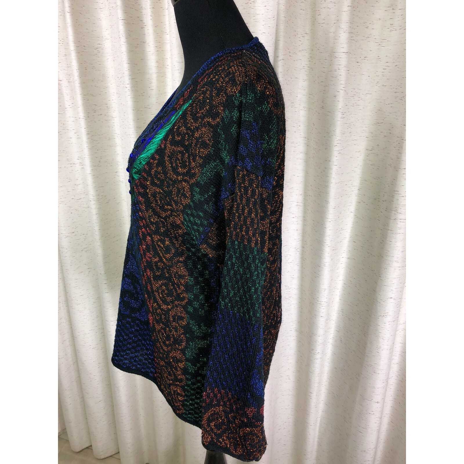 Vintage Beaded Sweater Ann Wi Black Multi-color Metallic Acrylic Beads Size M