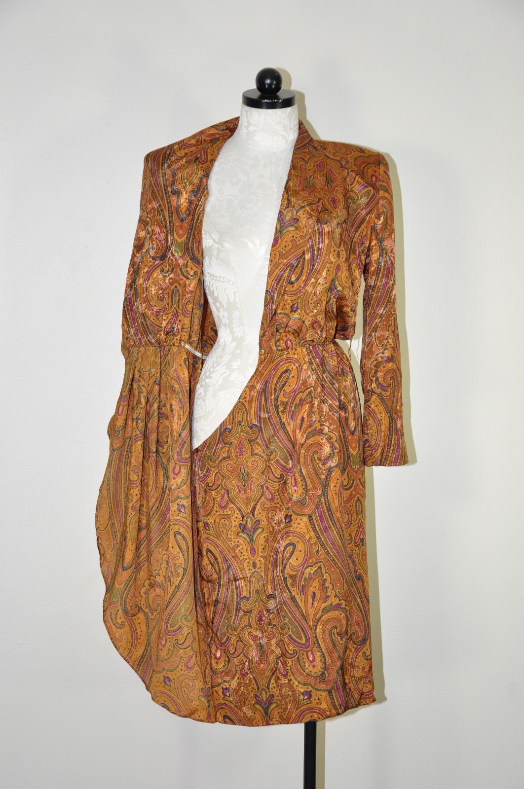 80s Vintage Spice Brown Silky Charmeuse Paisley Strong Shoulder Dress Women S M