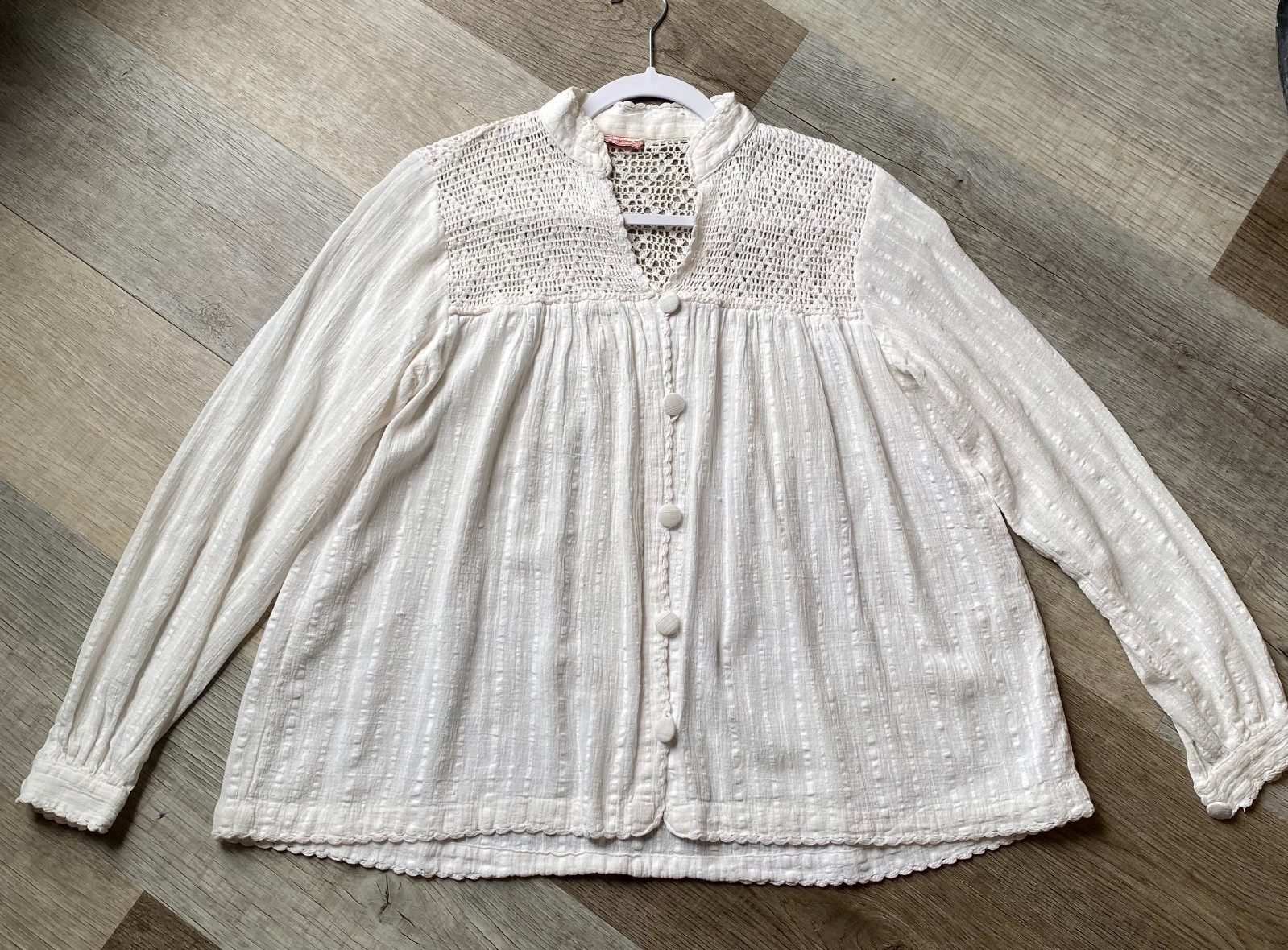 Vintage 70s Bim Bom Bay Indian Cotton Gauze Crochet Boho Peasant Blouse M