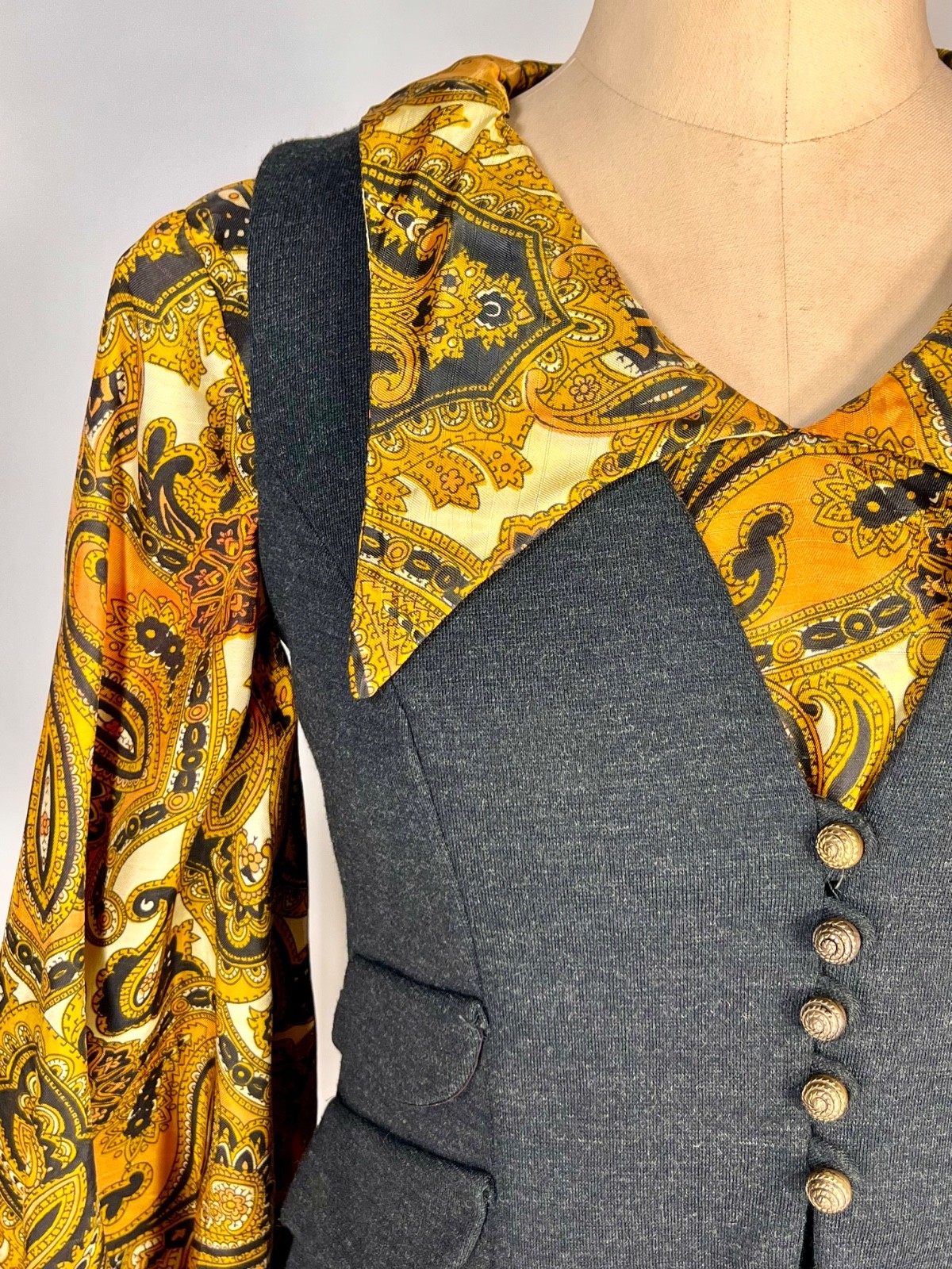 Vintage 1960’s-1970’s Kelly Arden (petite) grey, paisley dress & vest 2-pc. set