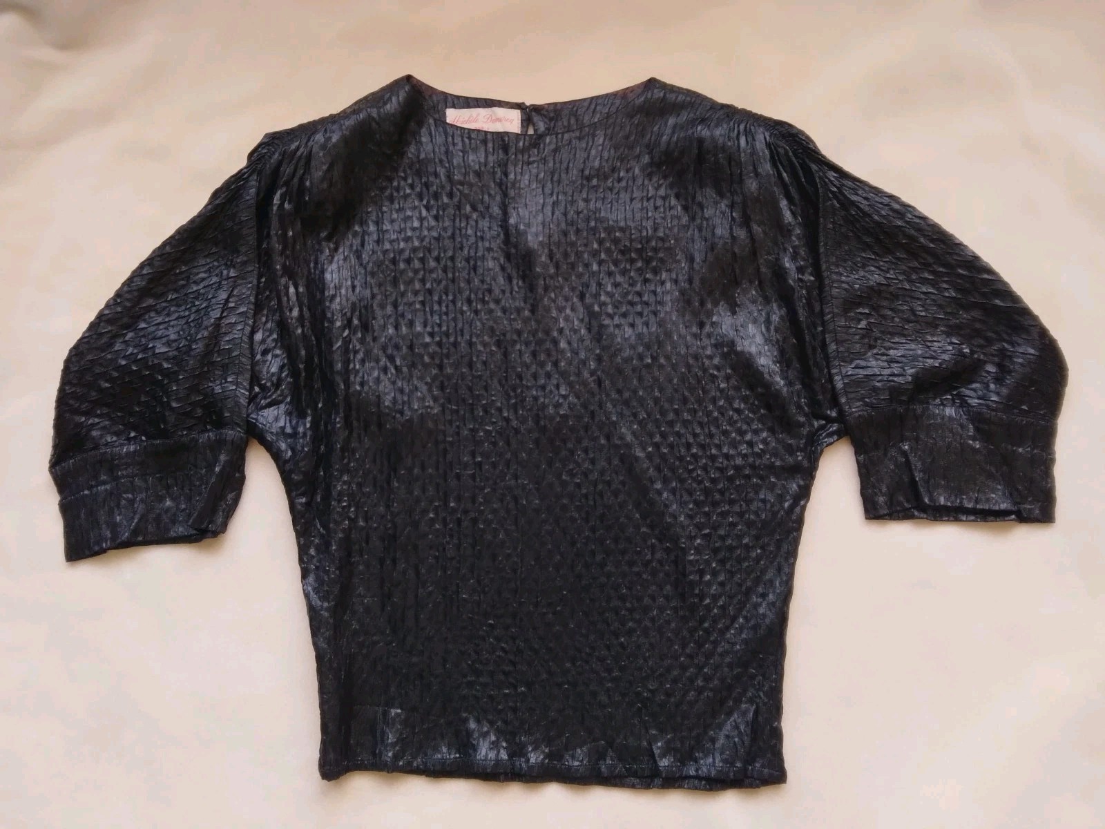 Vintage 1970s Michele Domercq Paris Designer Black Blouse w/ Shoulder Pads Sz 38