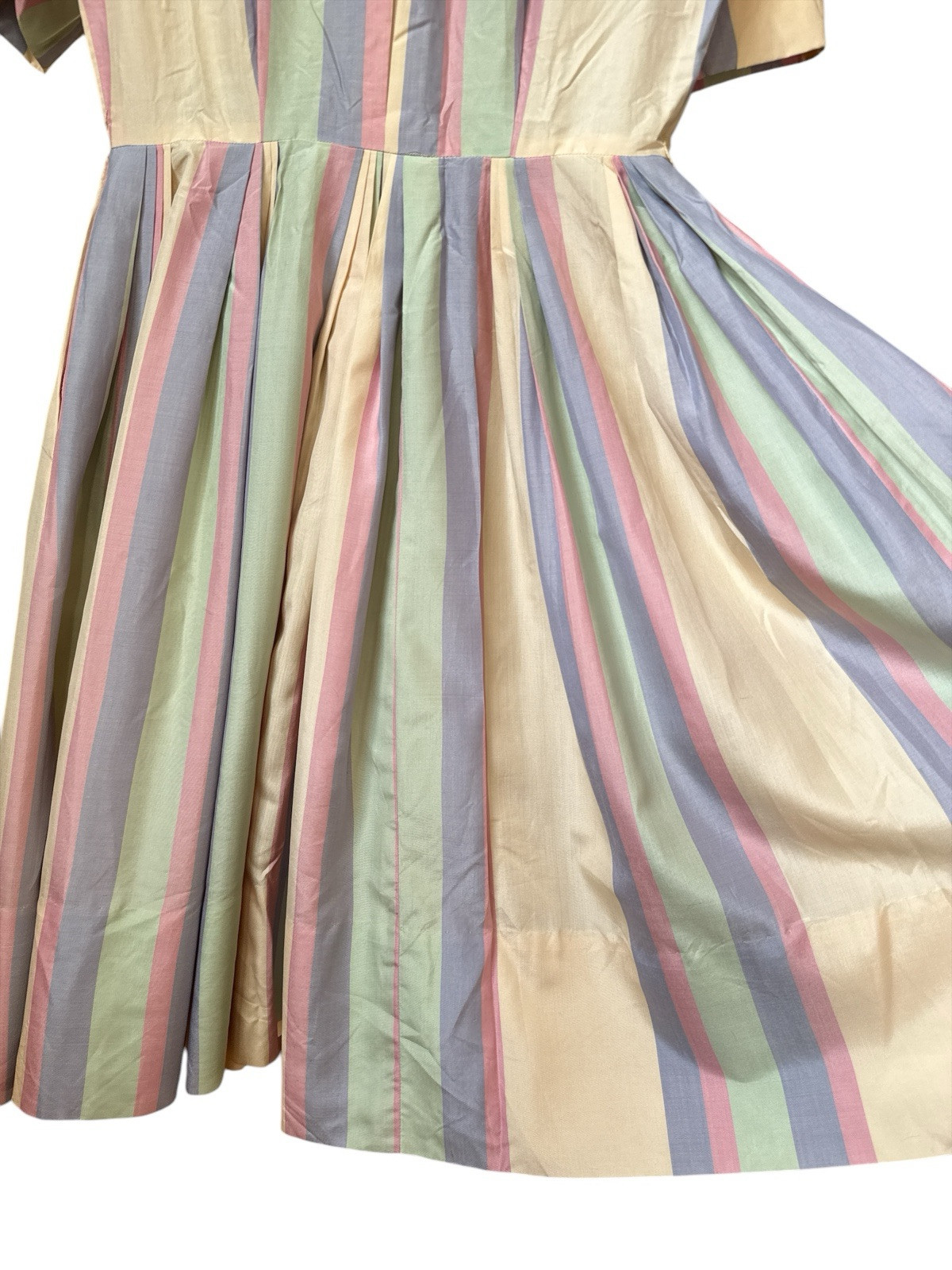 Vtg Miss Serbin Pastel Stripe Shirt Dress Pockets Size 16 Pink Purple Green 28”