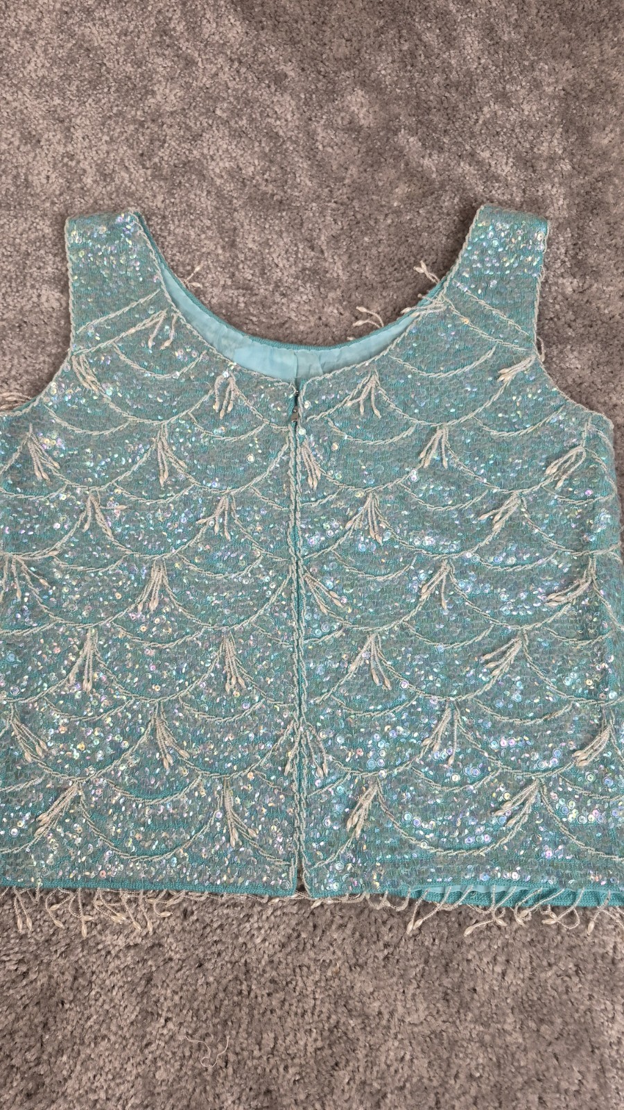 VTG Handmade Wool Sequin Top Womens 34 P2P Aqua Sweater White Beads Fringe
