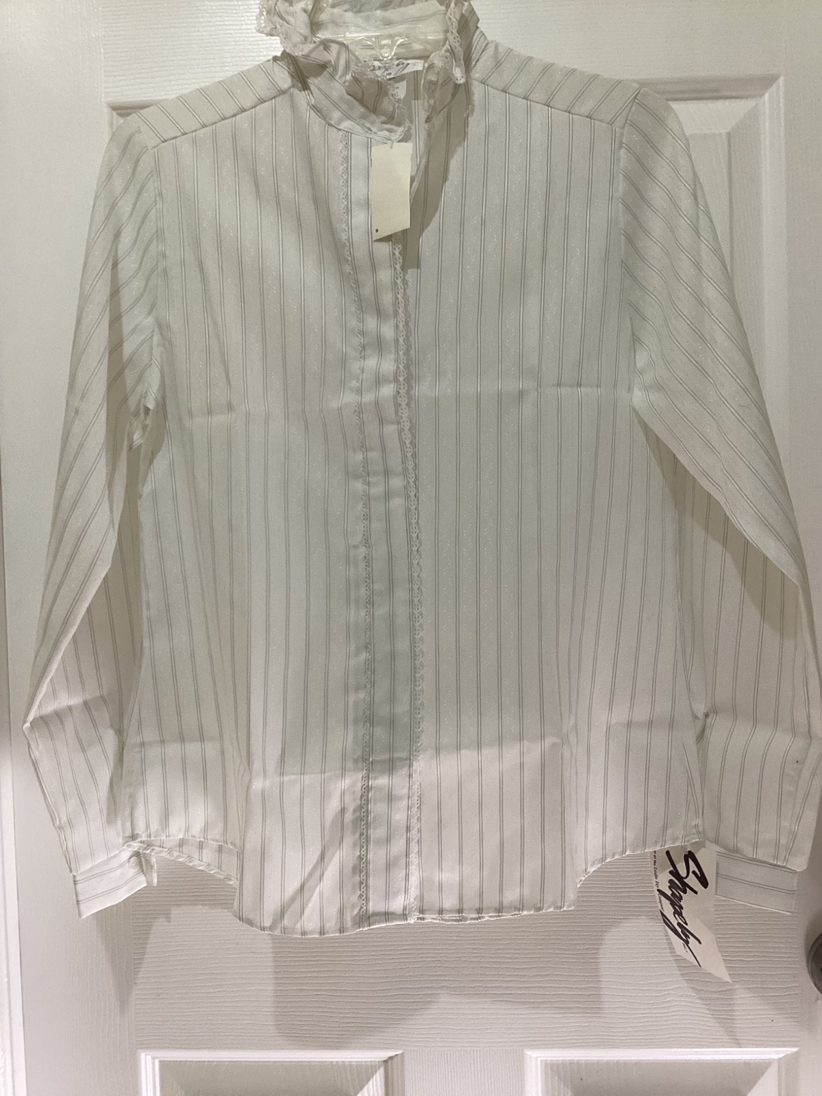 VTG 80s 90s Shapely Striped Ruffled Collar Shirt Button Down~10~NOS ~NWT
