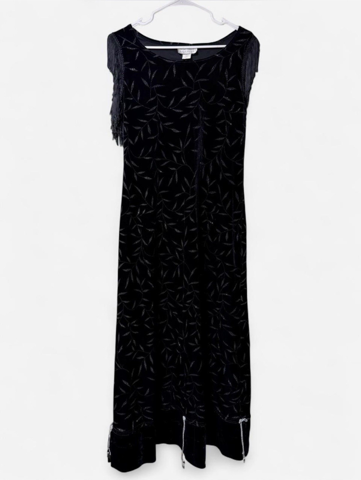 Molly Malloy Vintage Black Velvet Evening Dress Fringe Silver Leaf Bows Sz 12