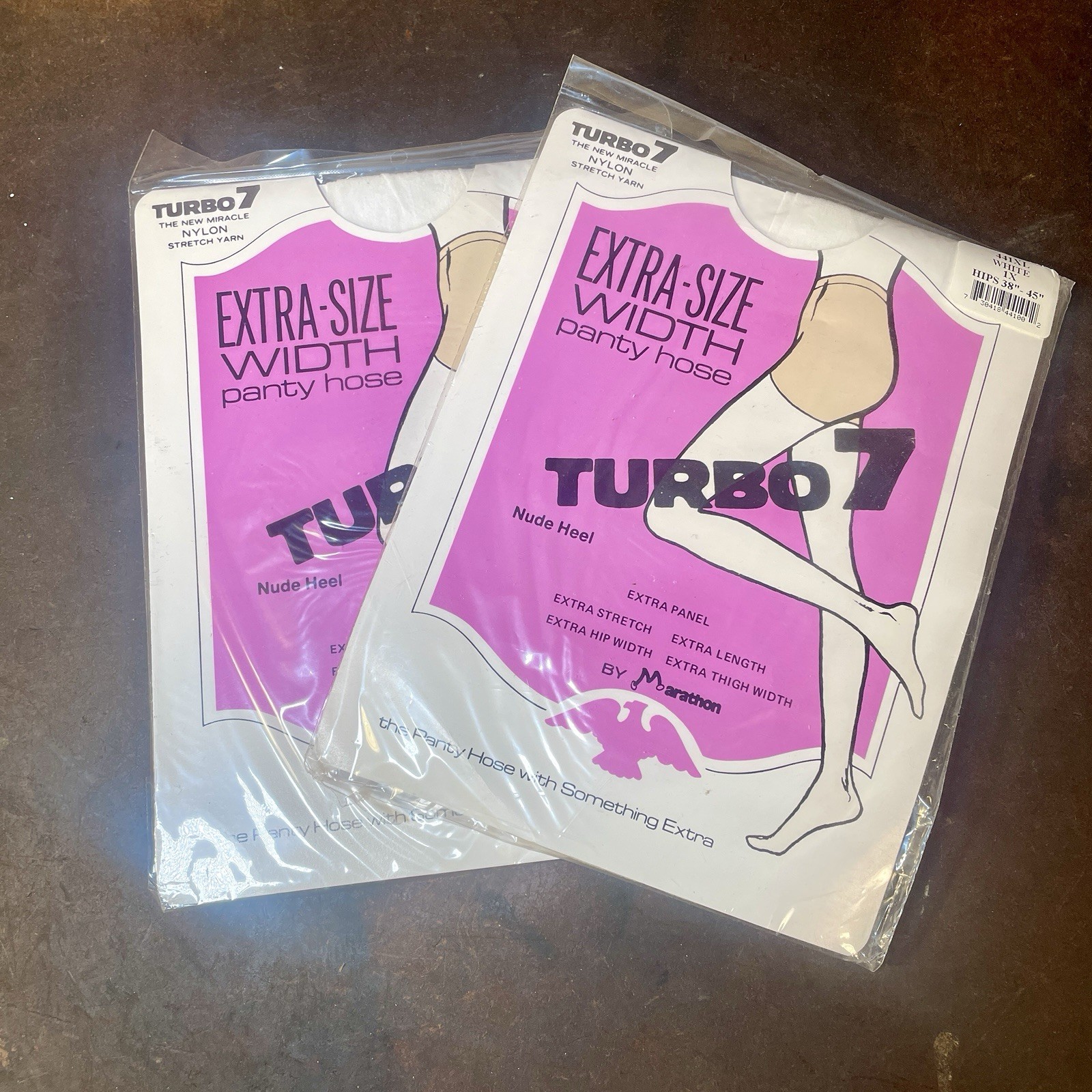 2 VTG Marathon Turbo 7 ExtraSize Width Panty Hose Nylons WHITE 1X HIPS 38” – 45″