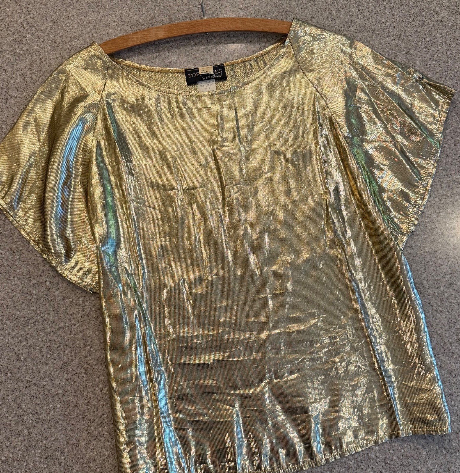 Vtg TOPPETTES by A. Brod Gold Rayon/Metallic Flutter Sleeve Top USA Made Sz M