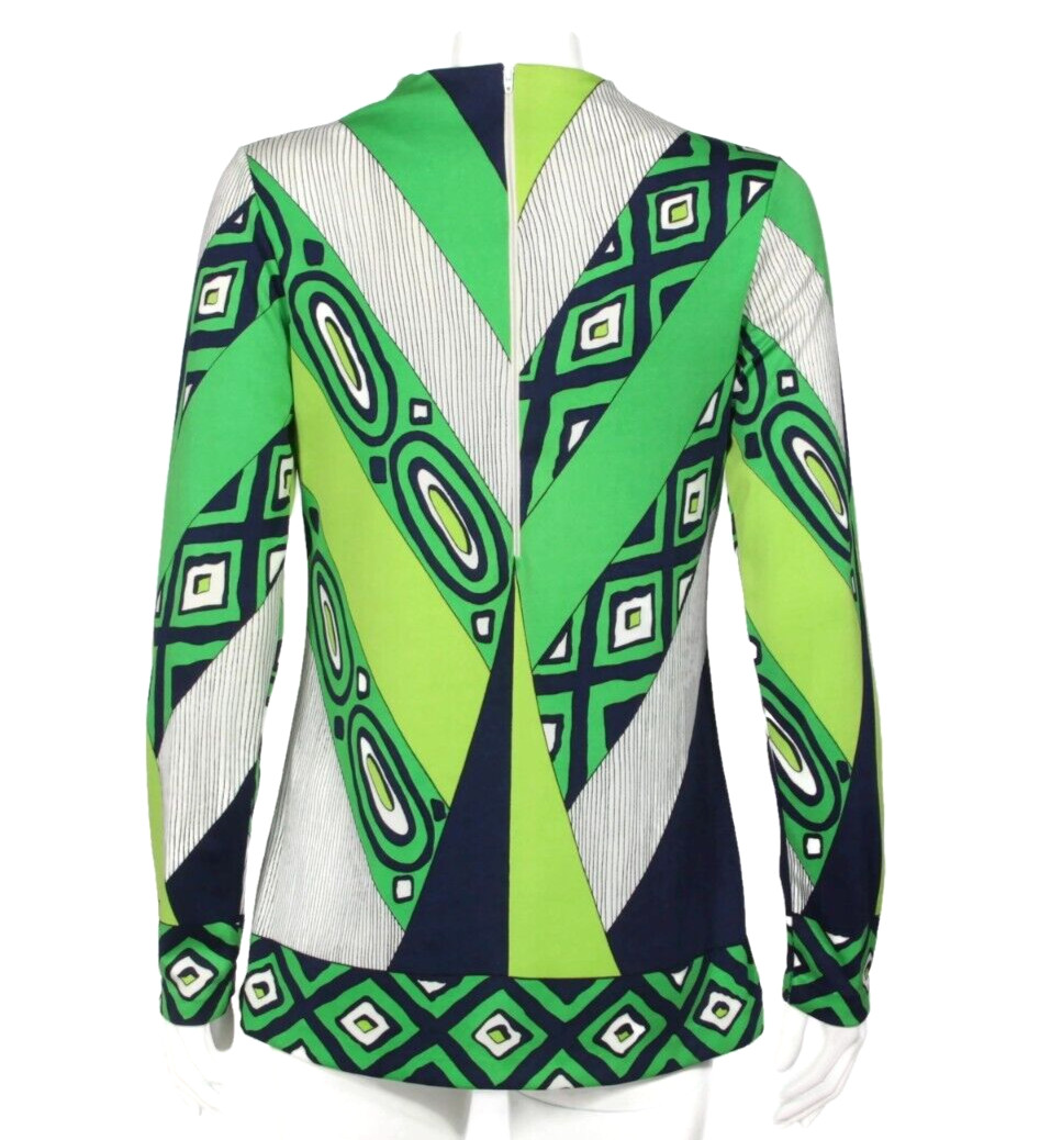 SPORTEMPO Psychedelic Green Blue Mod Geometric Zip Back Top sz M /863