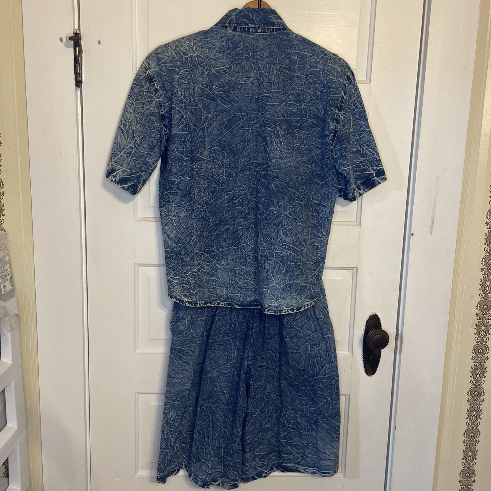 Vintage Acid Wash Denim Outfit Intricate Beaded Floral Embroidery 80s 90s Large