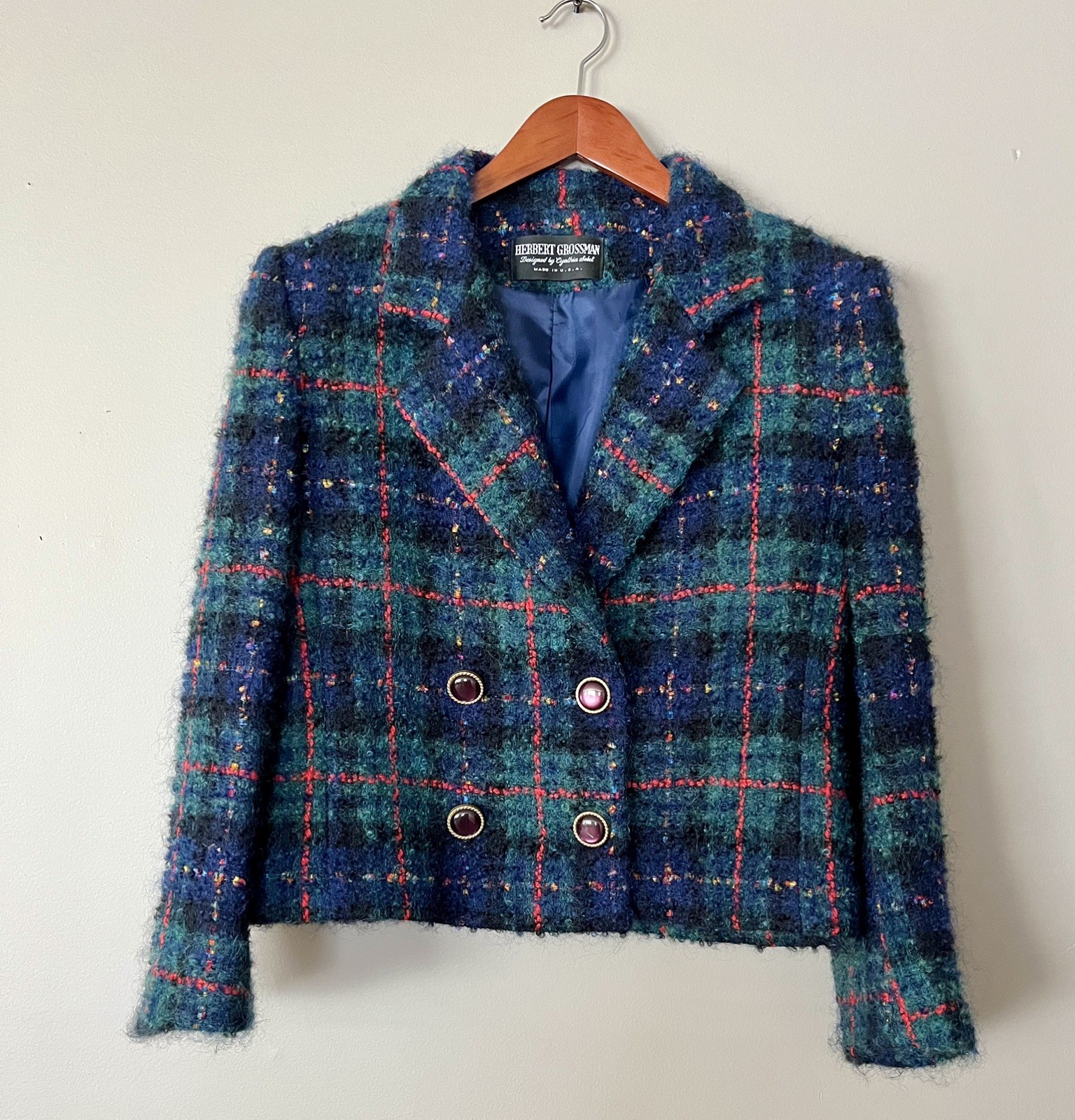 Vintage Herbert Grossman Cynthia Sable Plaid Wool Blazer Sz 10 USA