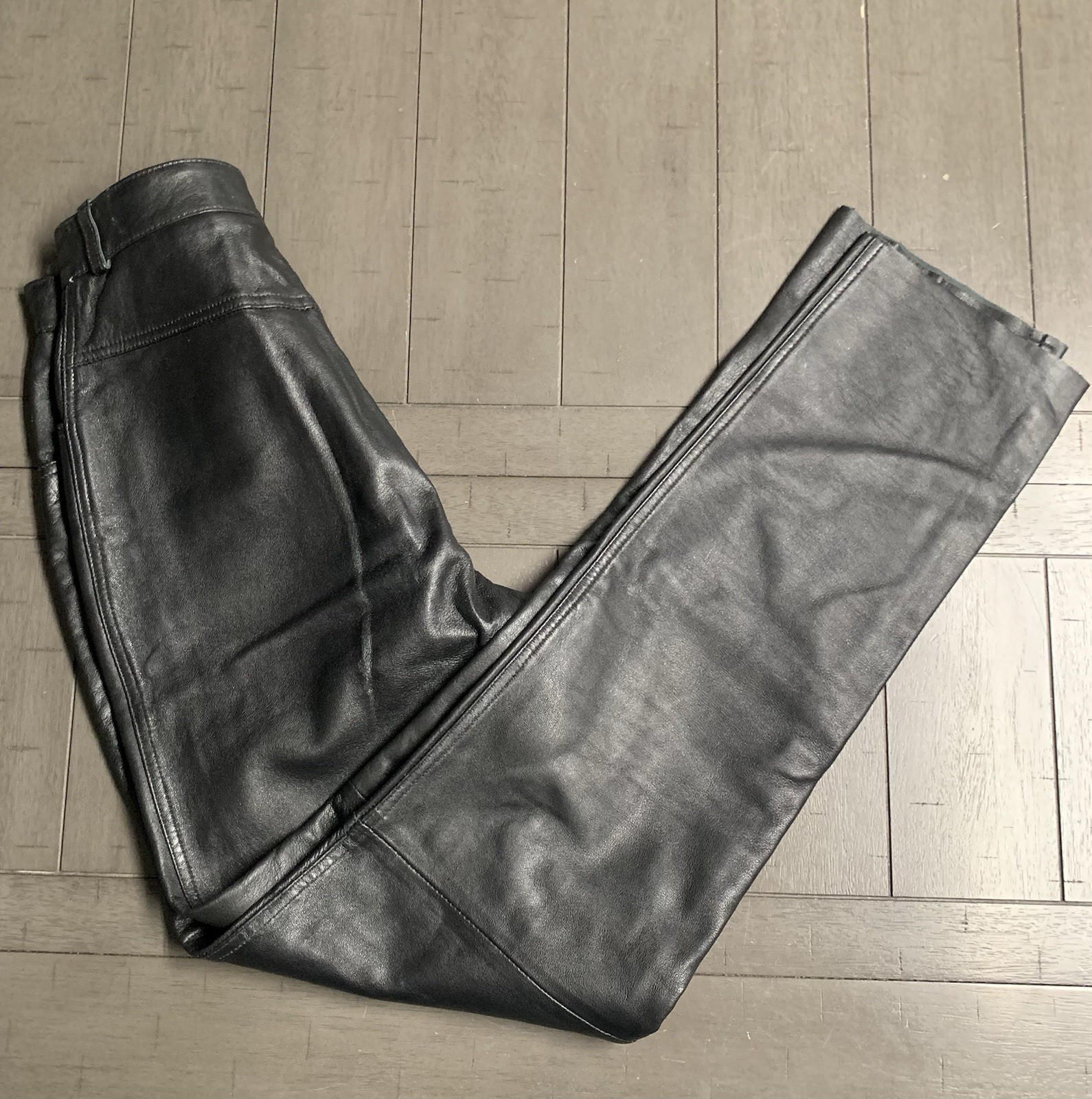 B1 Y2K CANDA C&A BLACK SOFT LEATHER PANTS SZ 4 RAW HEM BOOTCUT MOTORCYCLE 24×31”