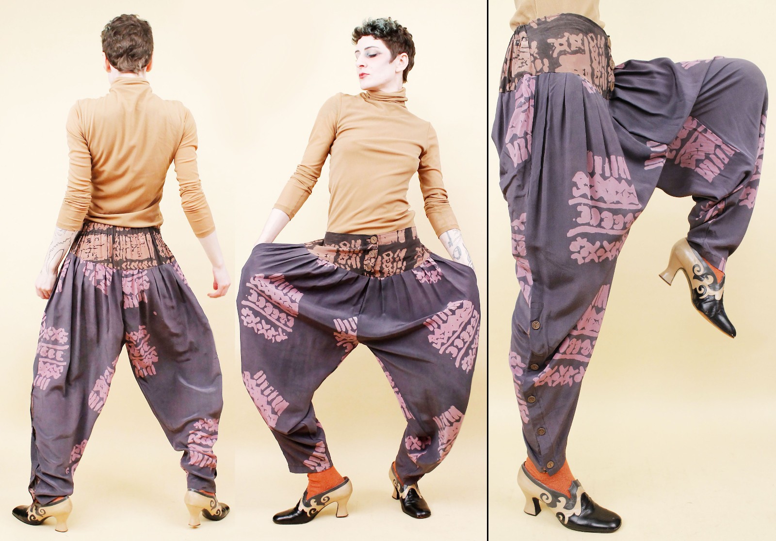 80s Vtg Silk Laise Adzer Designer Silk Moroccan Lagenlook Art Pants S-M W28-30″