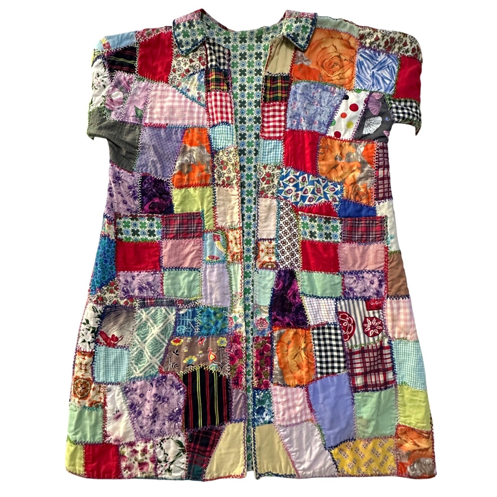 Vintage Handmade Patchwork Quilt Duster Coat Kimono L XL Boho Cottagecore Folk