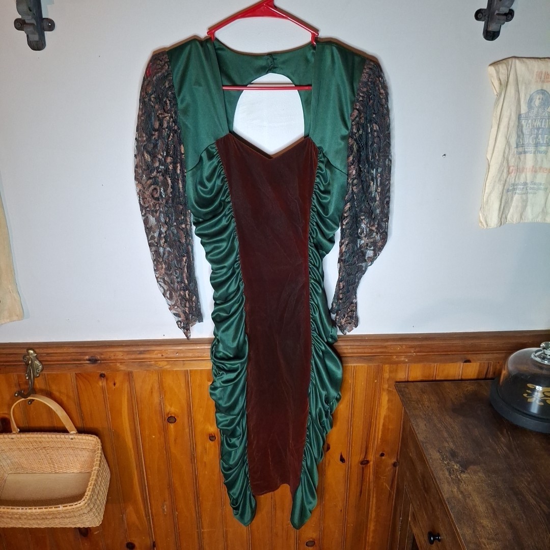 Vintage Mayvens Of California Lace Rutched Dress Prom Dress Green, Brown & Gold