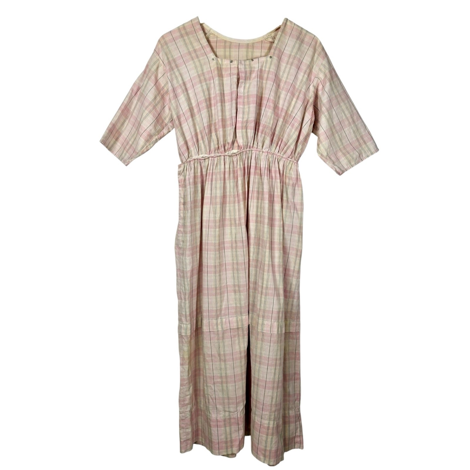 1910s Edwardian Plaid Cotton Day Dress Pink Gray Square Neck Ankle Length