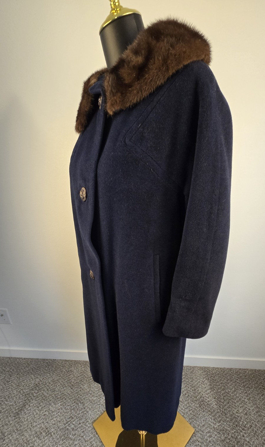 Vintage SHAGMOOR Coat Fur Collar Blue Brown Union Made Womens Retro 50’s 60’s