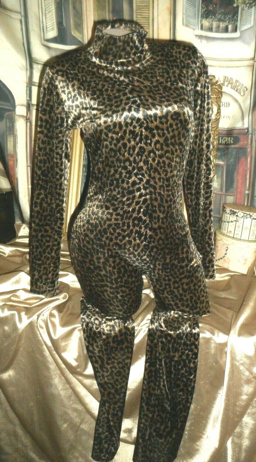 Velveteen Leopard Cheetah Bodysuit Long Sleeve Long Leg Mock Turtle Black Gold