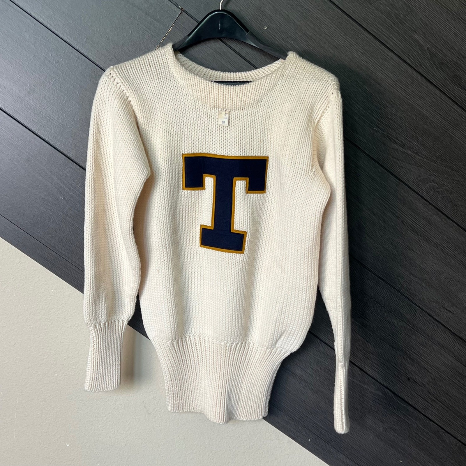 Vintage Nixon Company Letterman Sweater 100% Wool Ivory Size M Collegiate