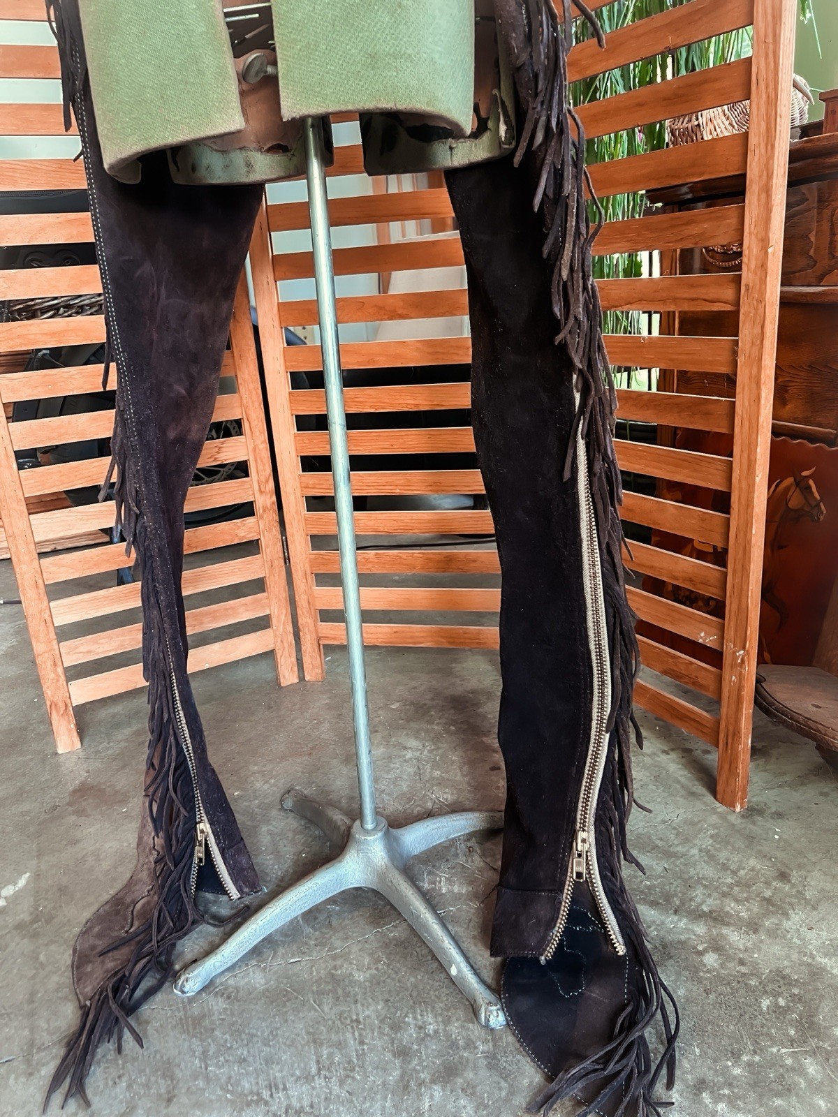 Vintage Handmade Plum Suede Chaps With Floral Detail and Brass Zippers