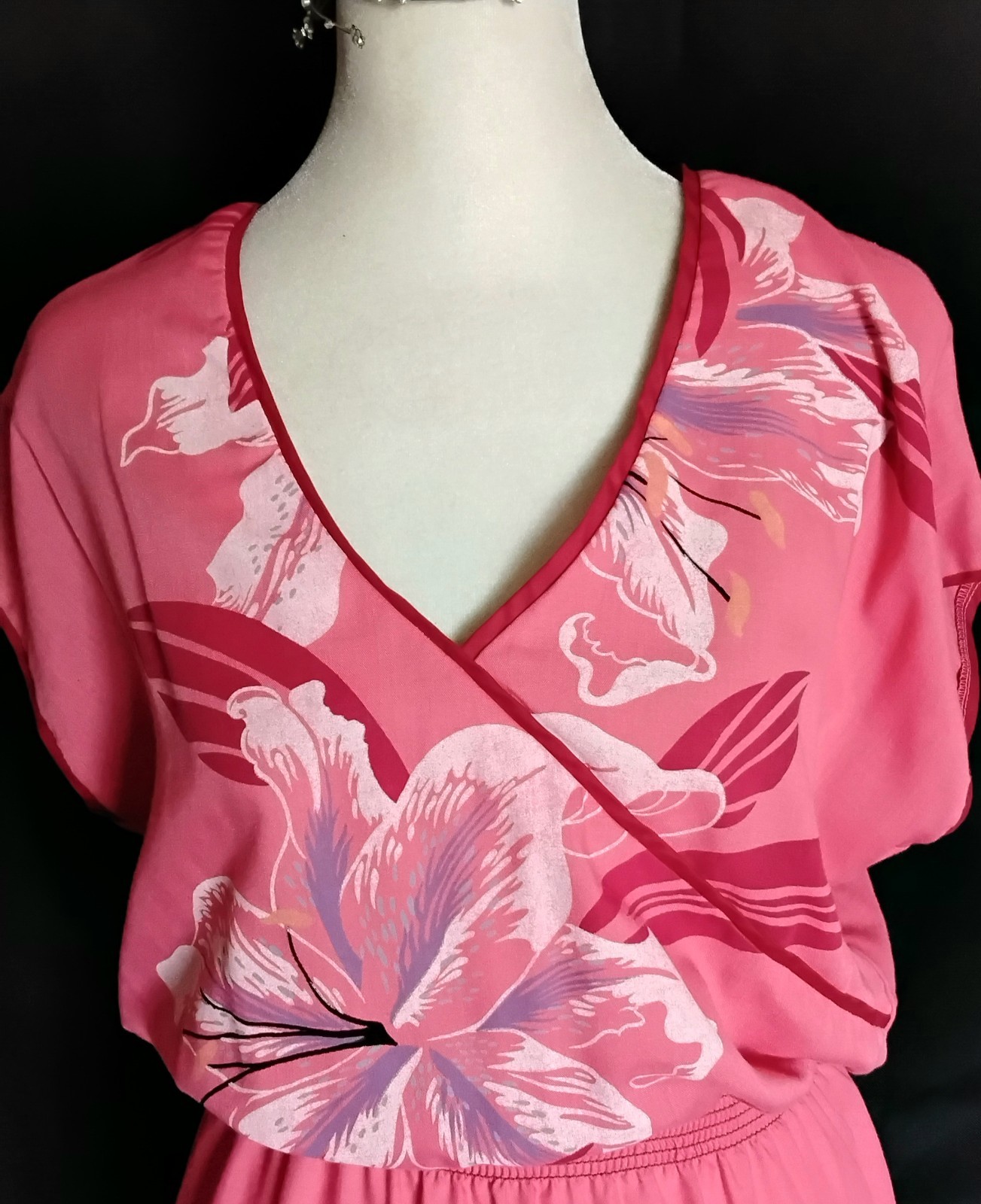 Vintage 80s John Richard Of California Pink Floral Midi V Neck Dress Sz 13