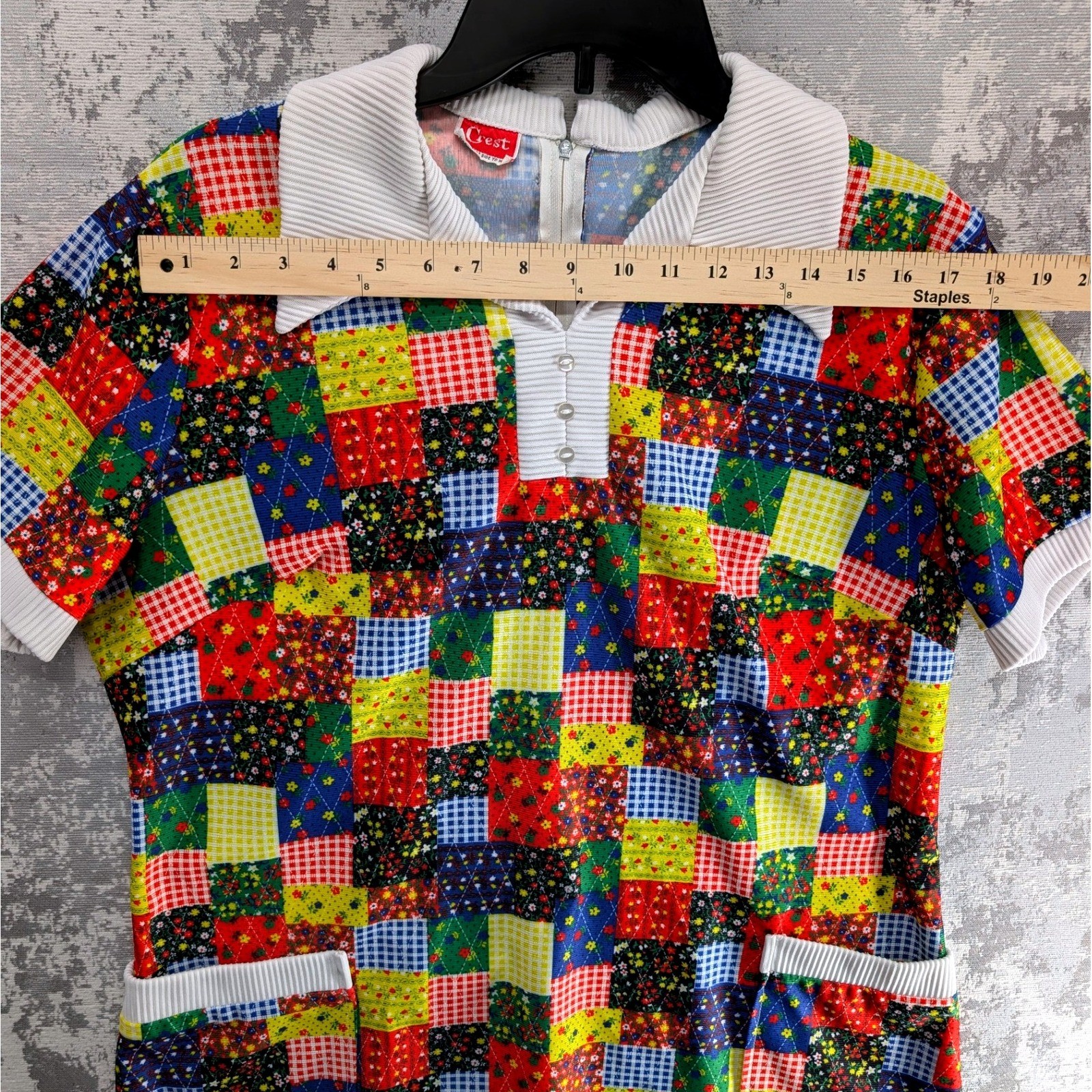 Vtg Crest Patchwork Quilt Print Collared Short Sleeve Tunic Top Pockets Large
