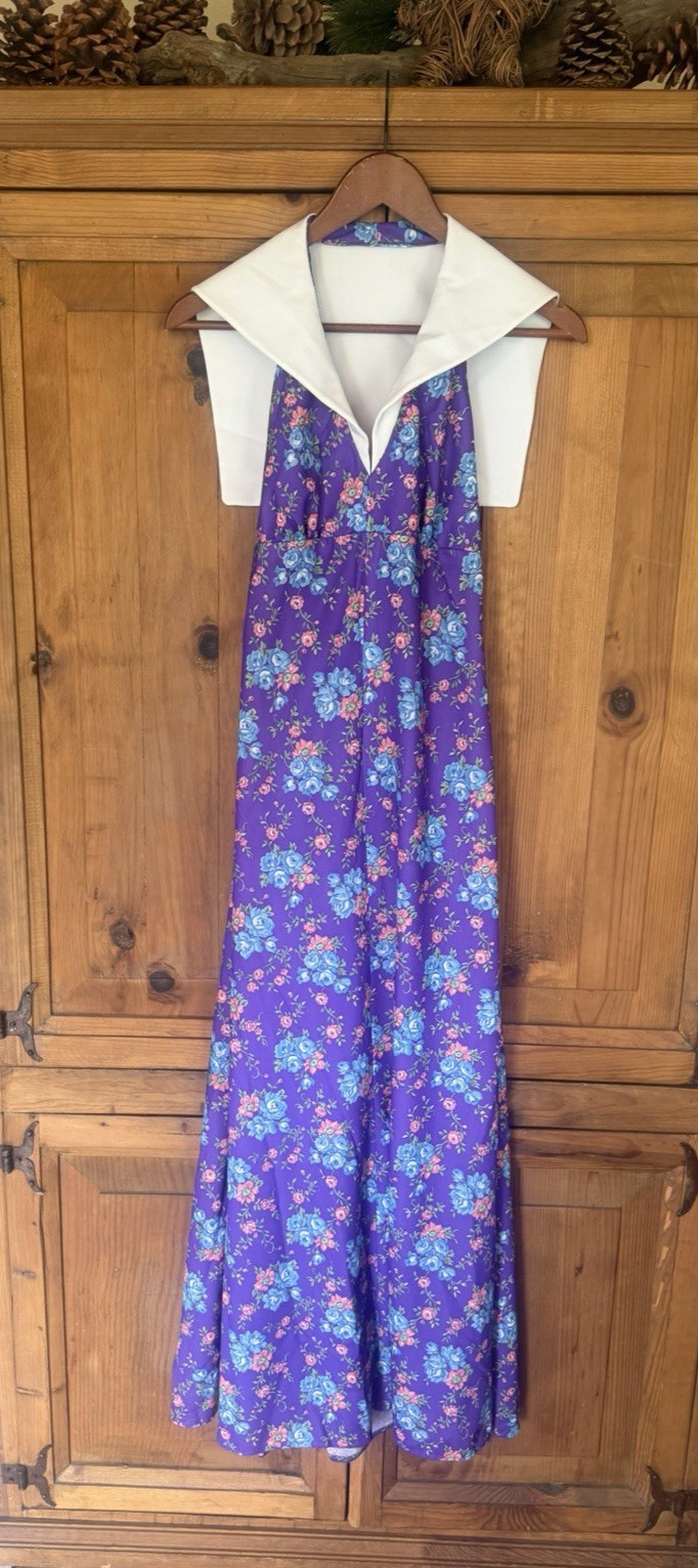 Vintage 70s Homemade Maxi Halter Dress Polyester BIG Collar Backless Talon #277