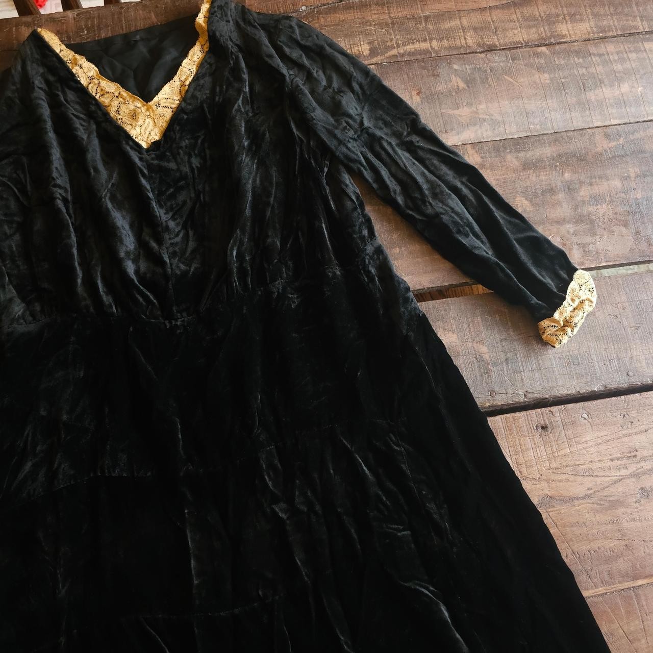 Antique Black Velvet Dress W/ Lace Detailing on Sleeves &Cuffs Long Sleeve Vneck
