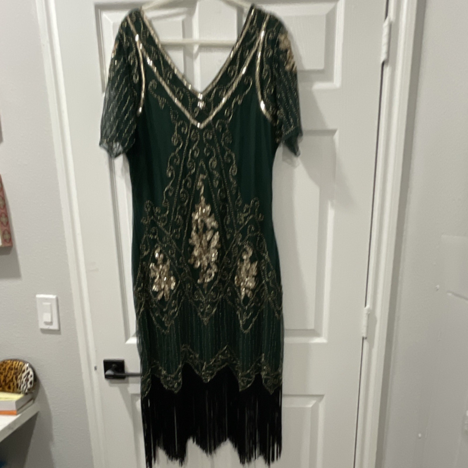 Rare Find Green Gold Black Beaded Fringe Mesh Sequin Flapper Art Deco Dress