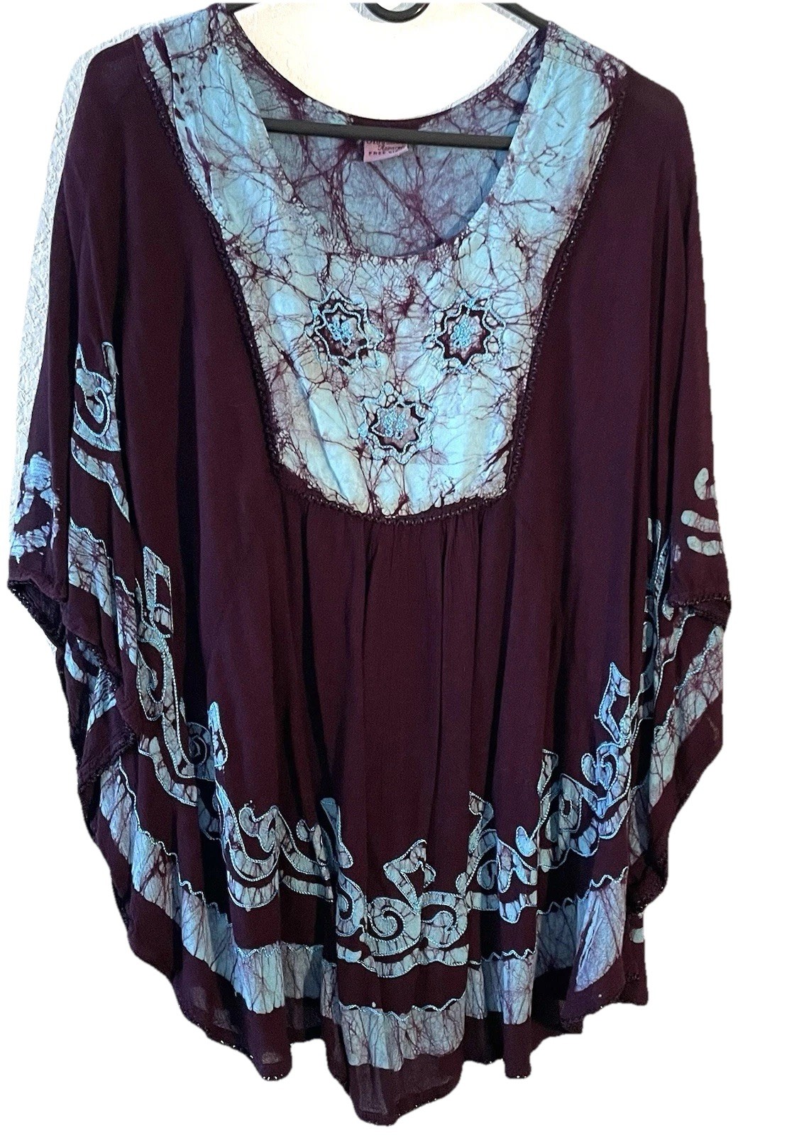 Vintage Deep Plum & Teal Batik Embroidery Crinkle Rayon Ethnic Hippie Top