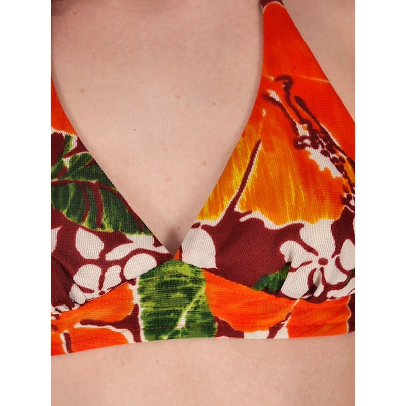 VTG 70s Hawaiian Bikini Set Halter Bra + Boy Leg Shorts Retro Swim S/M
