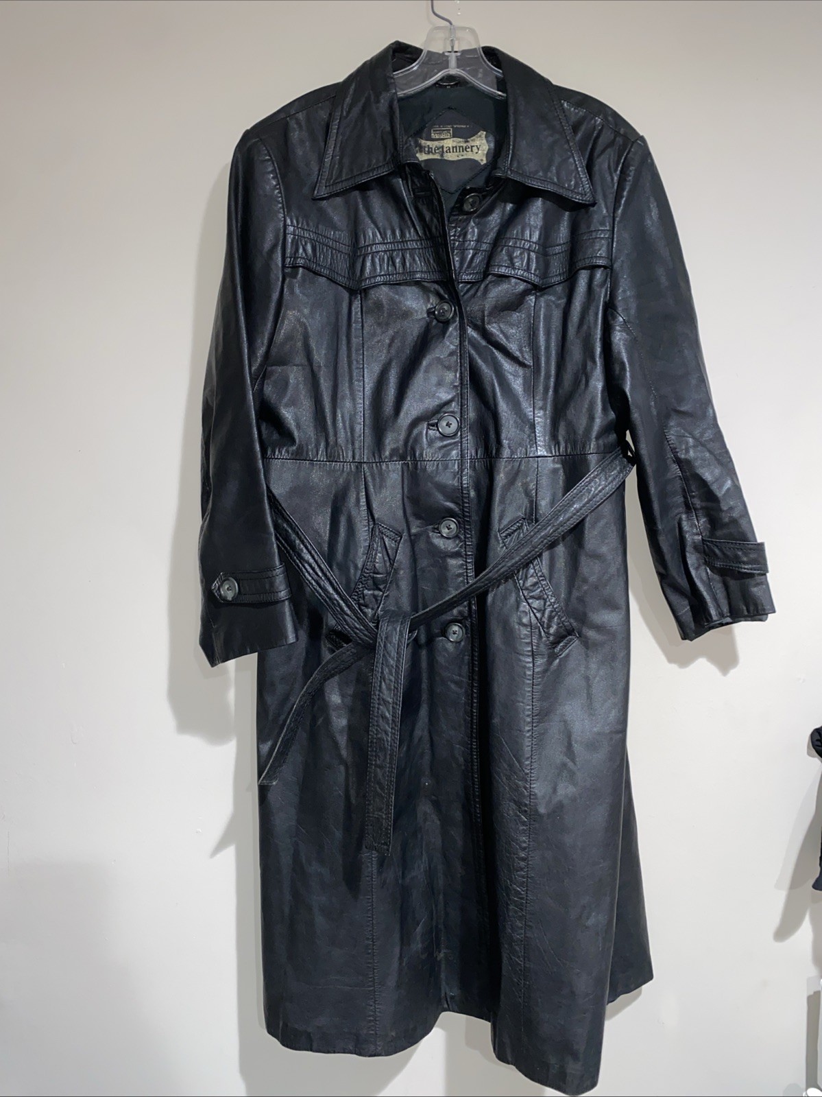 Vtg The Tannery Montgomery Ward Leather Trench Overcoat Black Midi Belted Sz Med