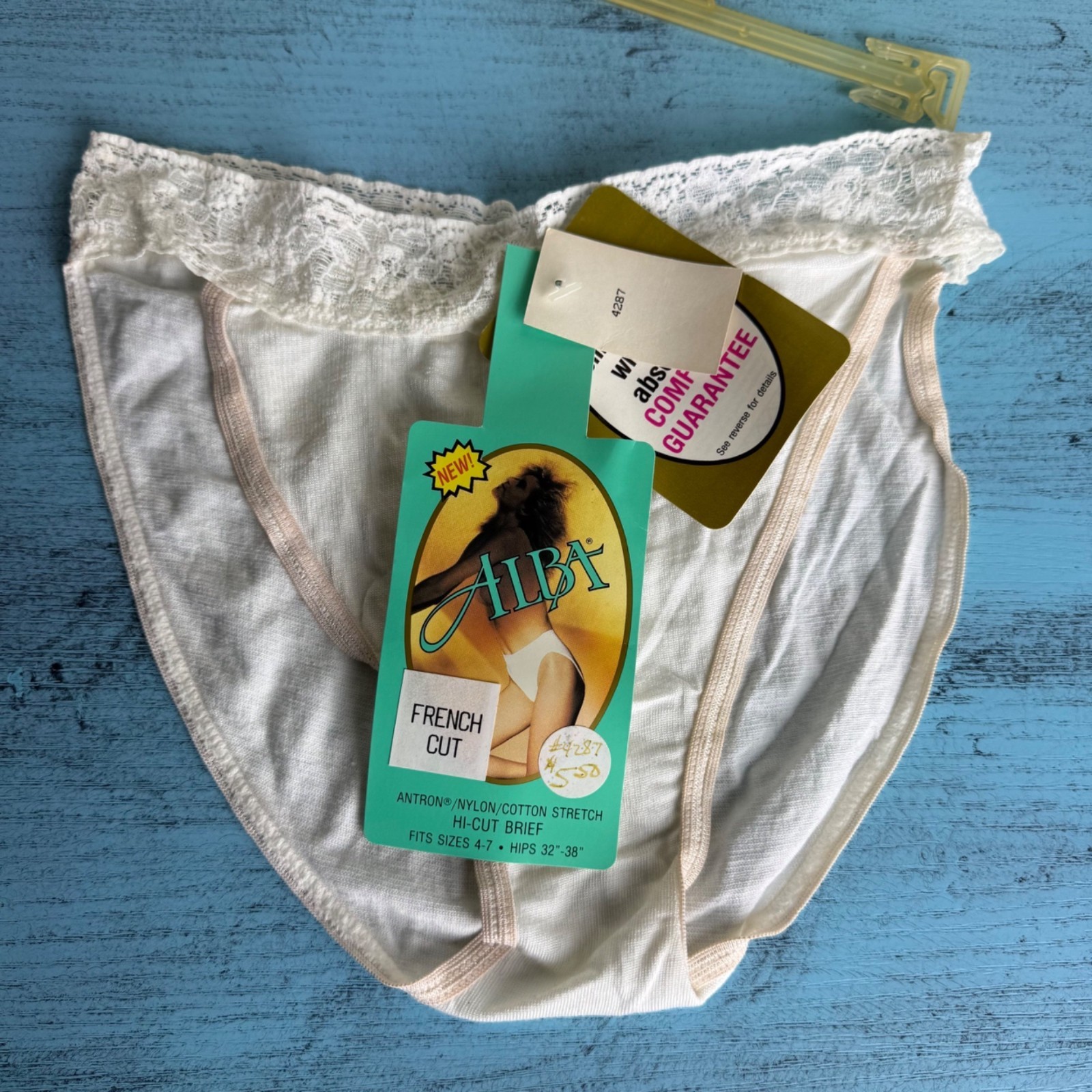 NWT Vtg 80s Alba Nylon/Cotton Lace High French Cut Panties Sz 4-7