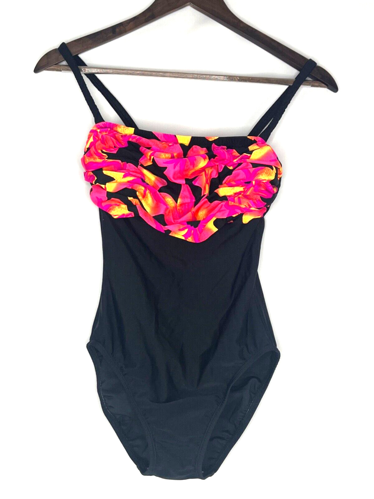 Vintage La Blanca One Piece Swim/Bathing Suit Black w/Colorful Flower Band Sz 12
