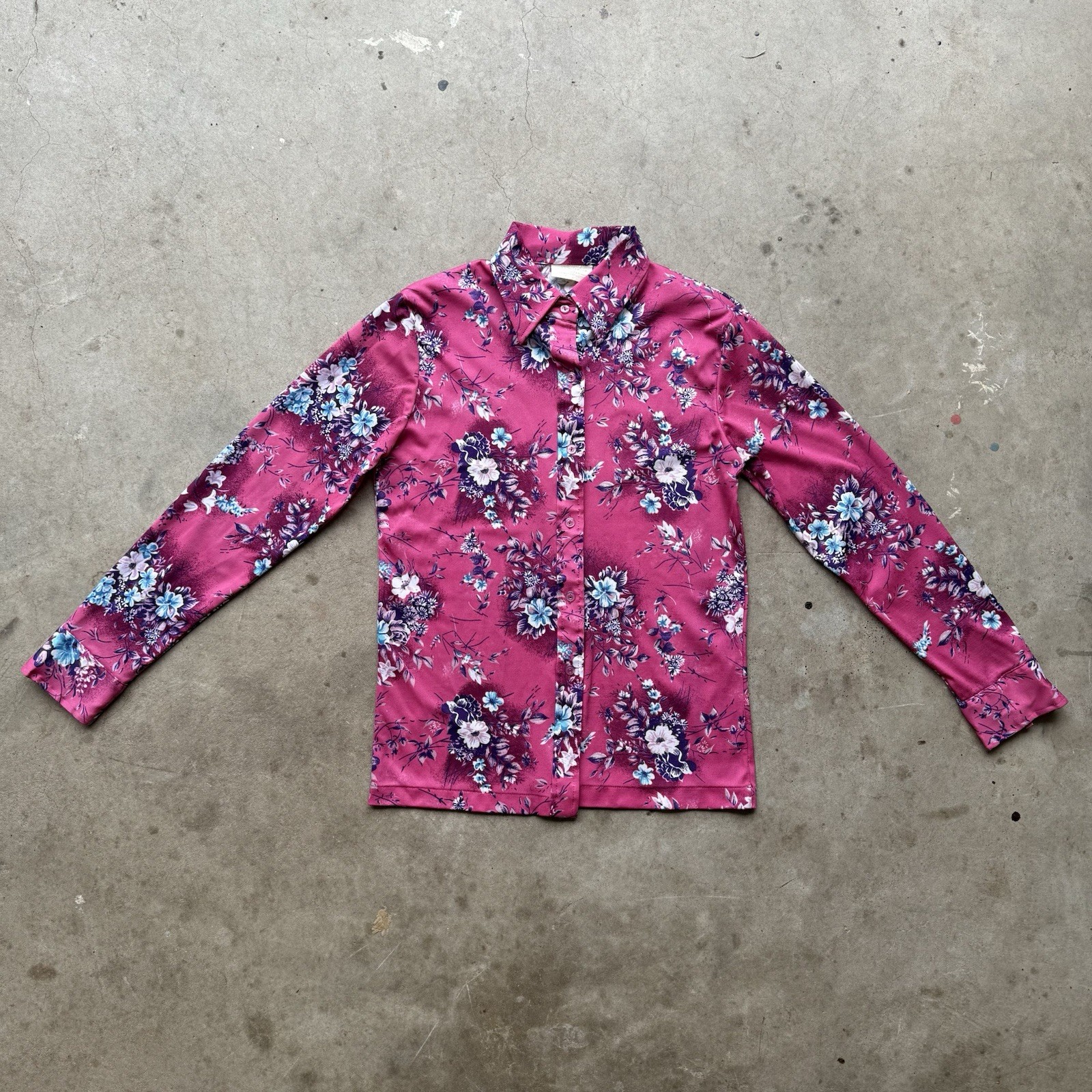 Disco Retro Vintage 70s Floral Blouse Pink Fuchsia Button Up Polyester Womens M