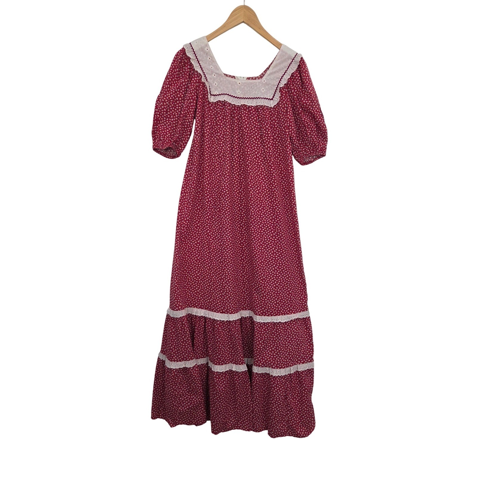 McInerny Vtg 70s Hawaiian Floral Cotton Prairie Maxi Dress S Eyelet Yoke Tiered