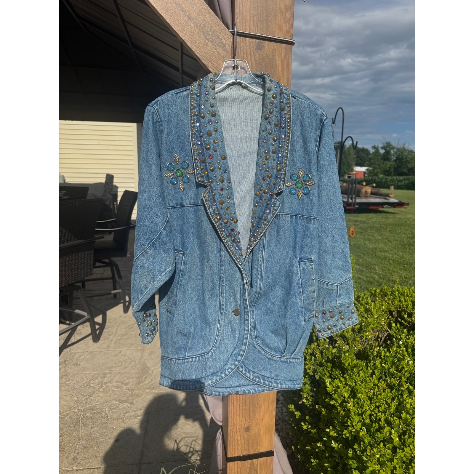 Vintage 80s Studded Rhinestone Denim Jacket Blazer Oversized Dolman Western L XL