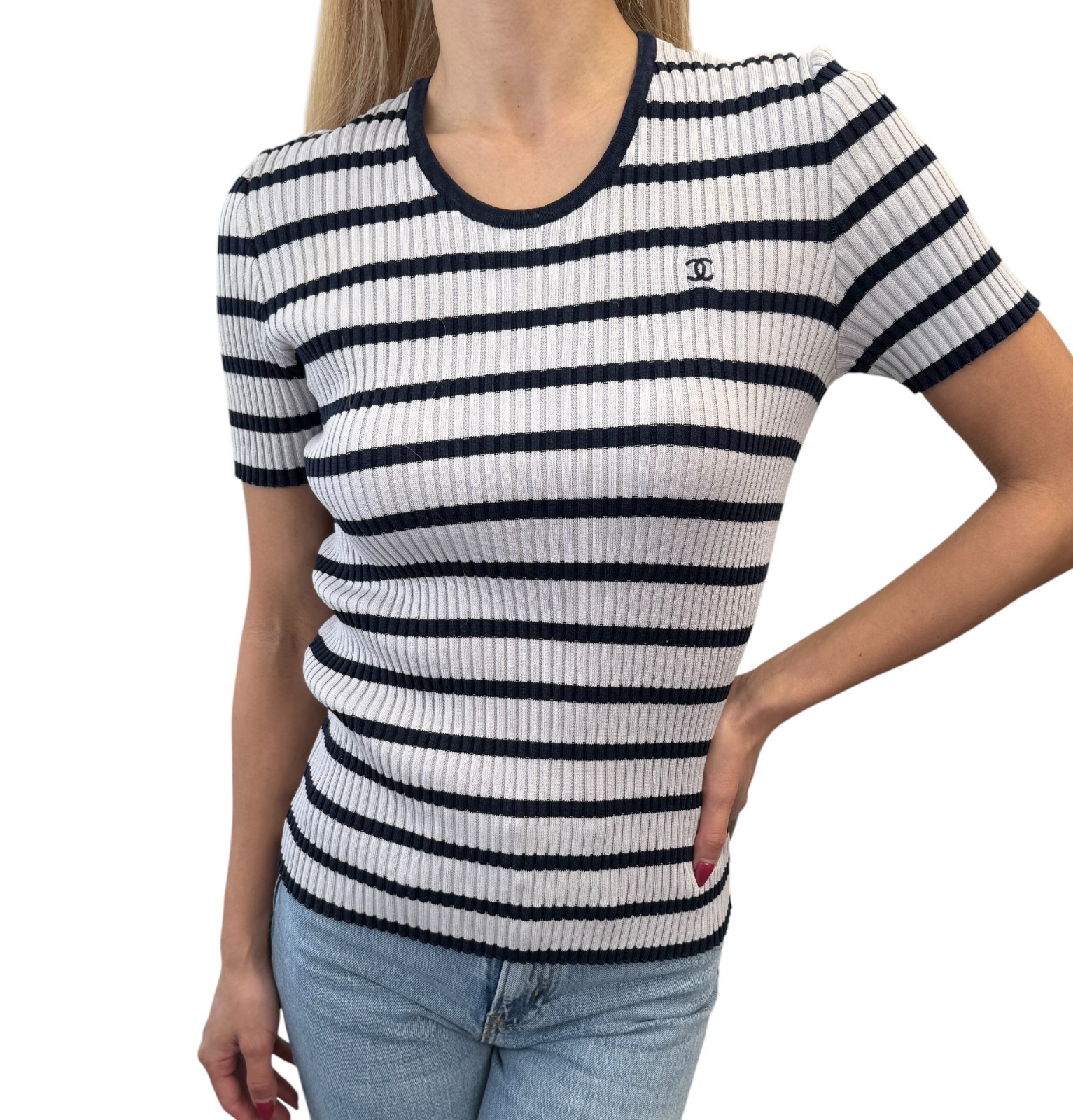 CHANEL Vintage 98P CC Logo Stripe Rib Knit T-shirt Top #40 Blue Cotton 902587