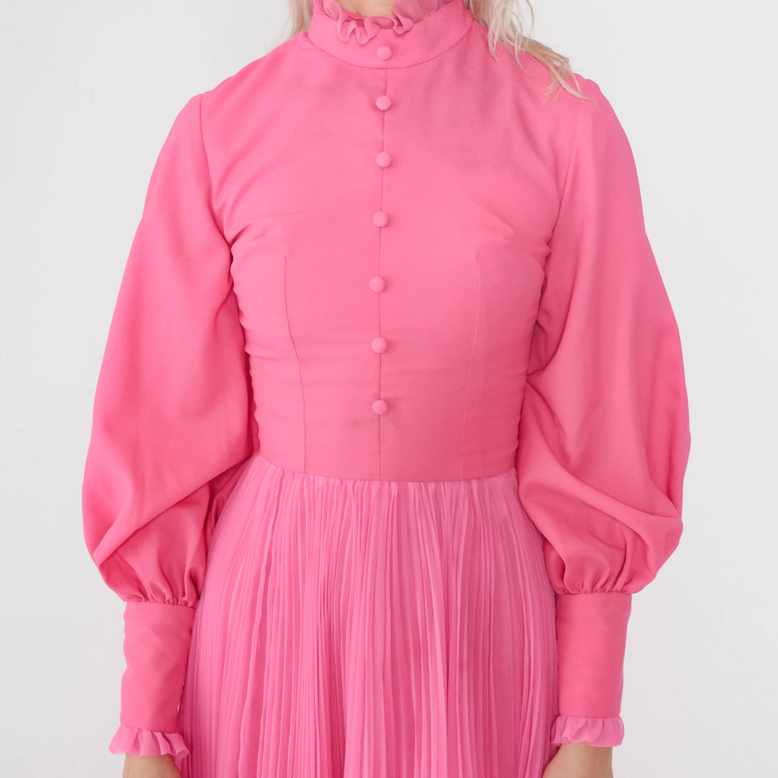 Hot Pink Dress 70s Maxi Dress Long Balloon Sleeve High Neck Ruffled Pleated Chif
