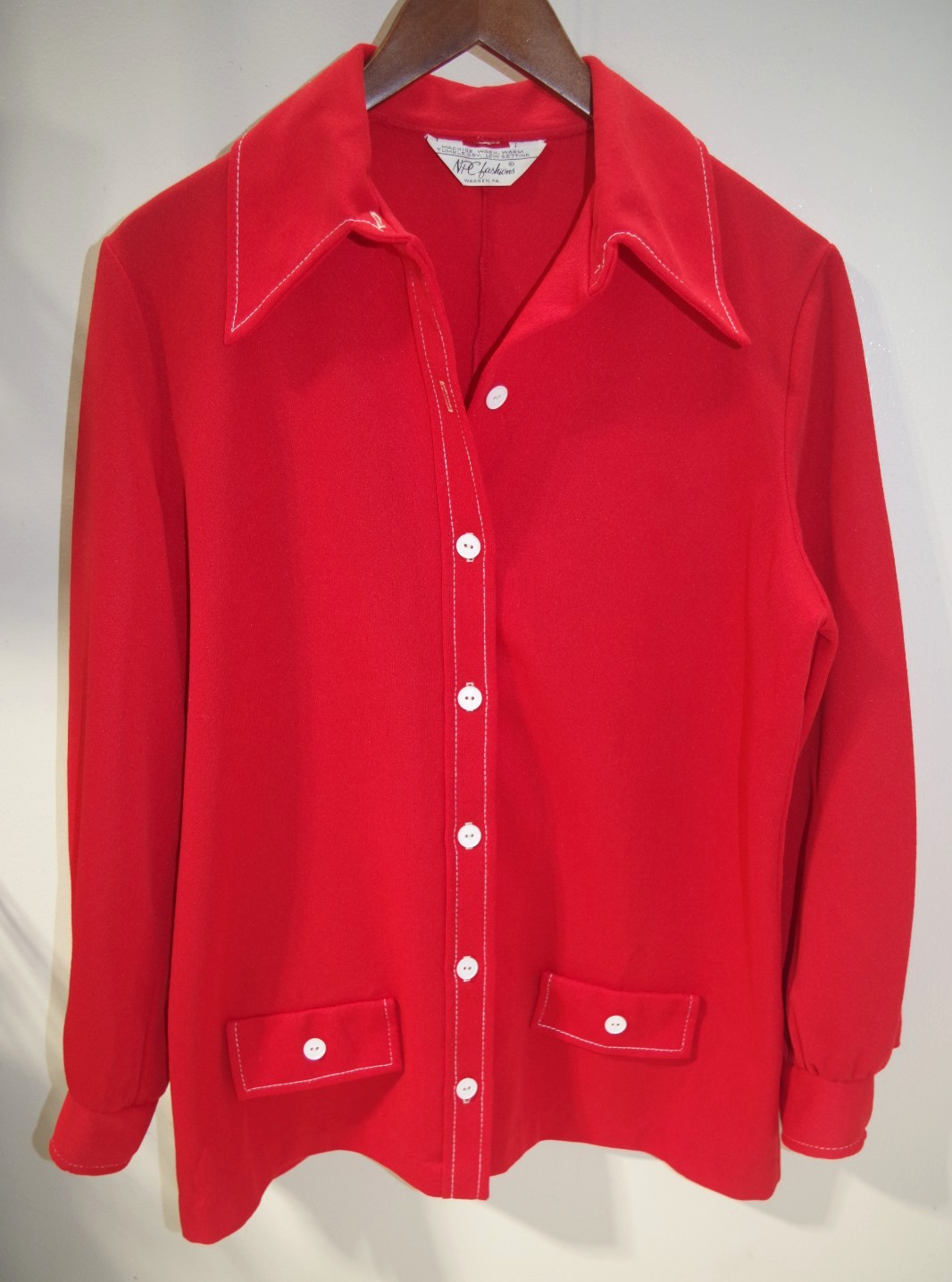 J4 Vintage NPC Fashions Red Polyester Knit Tunic Shirt Top M/L Pointy Collar