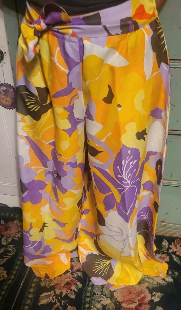 Retro vintage hippy glamour groovy yellow purple orange palazoo pants womens 9