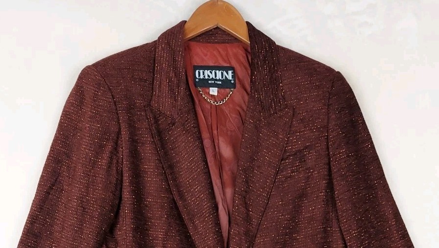 VTG 90s Criscione NY 2 PC Tweed Dress Suit Womens Large Shimmer Quiet Luxury