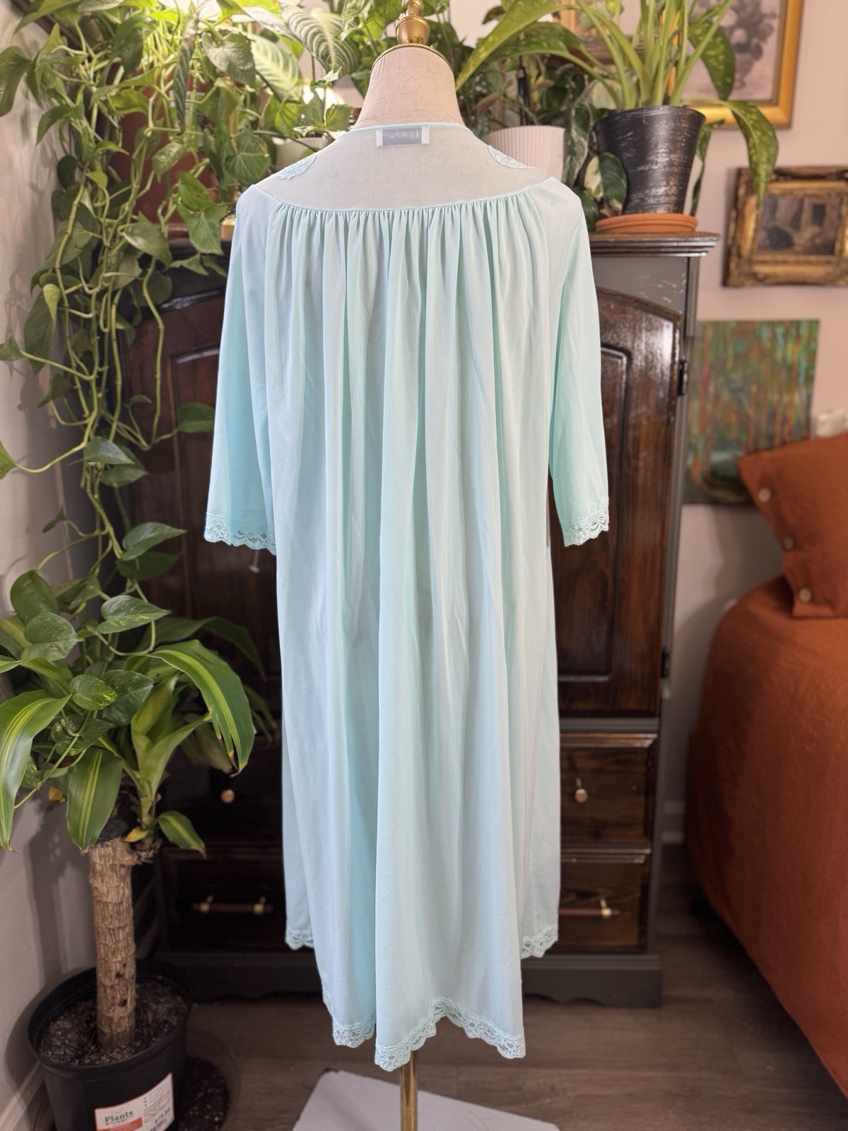 M Shadowline Lace Embroidered Tea Roses Mint Blue Silky Satin Robe Button Pocket