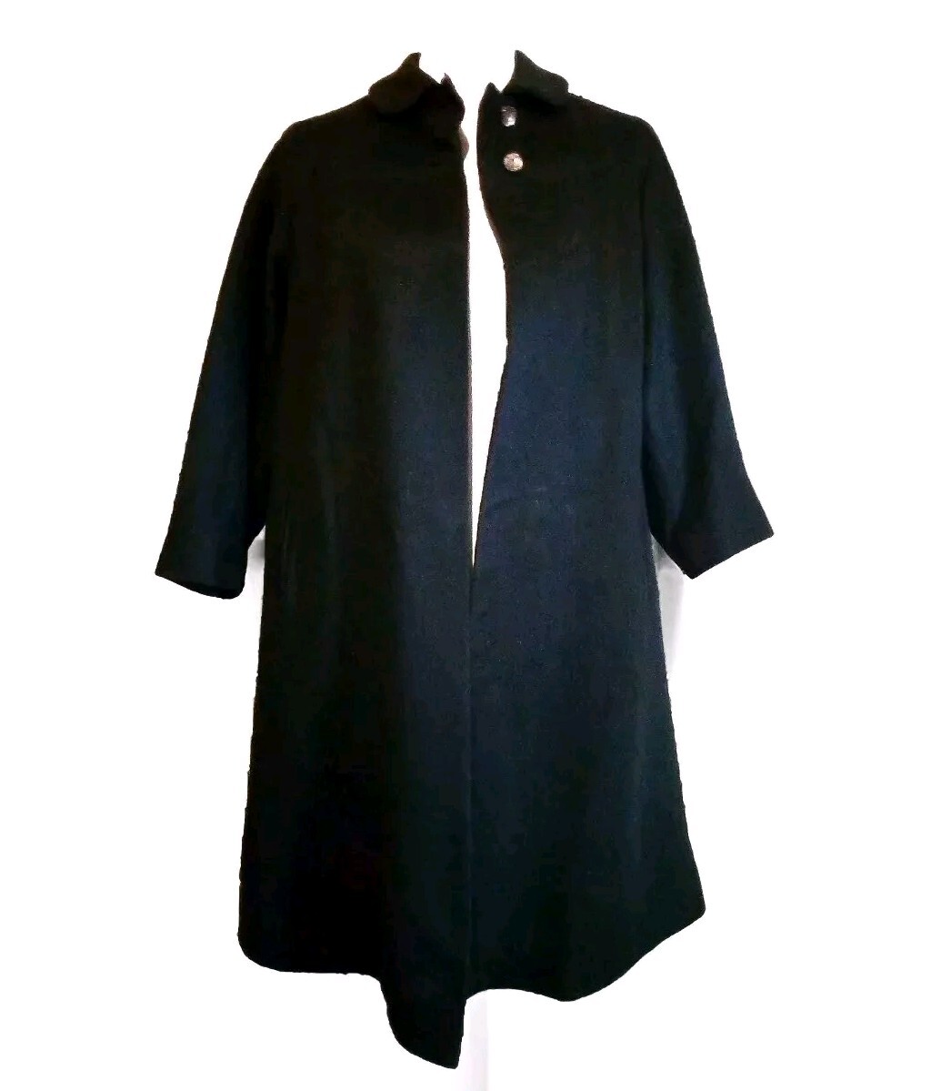 VTG 50s Moordale Fancy Mohair Wool Charcoal Black Coat w Floral Satiny Lining S